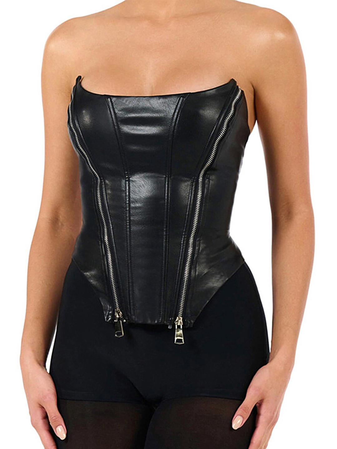 

LULU & SKY trapless Irregular Hem Double zip Corset Top, Black
