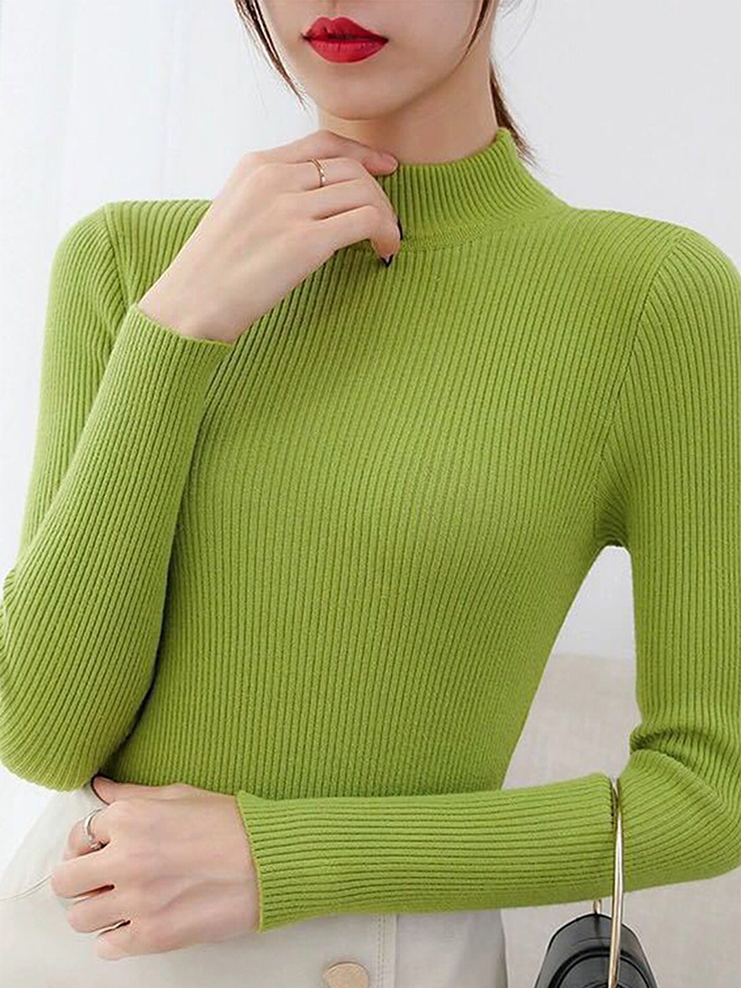 

LULU & SKY Striped Turtleneck Ribbed Acrylic Slim Top, Green