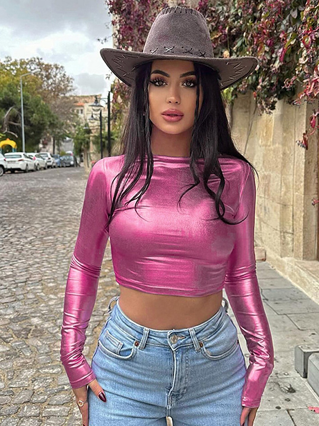 

LULU & SKY High Neck Fitted Crop Top, Pink