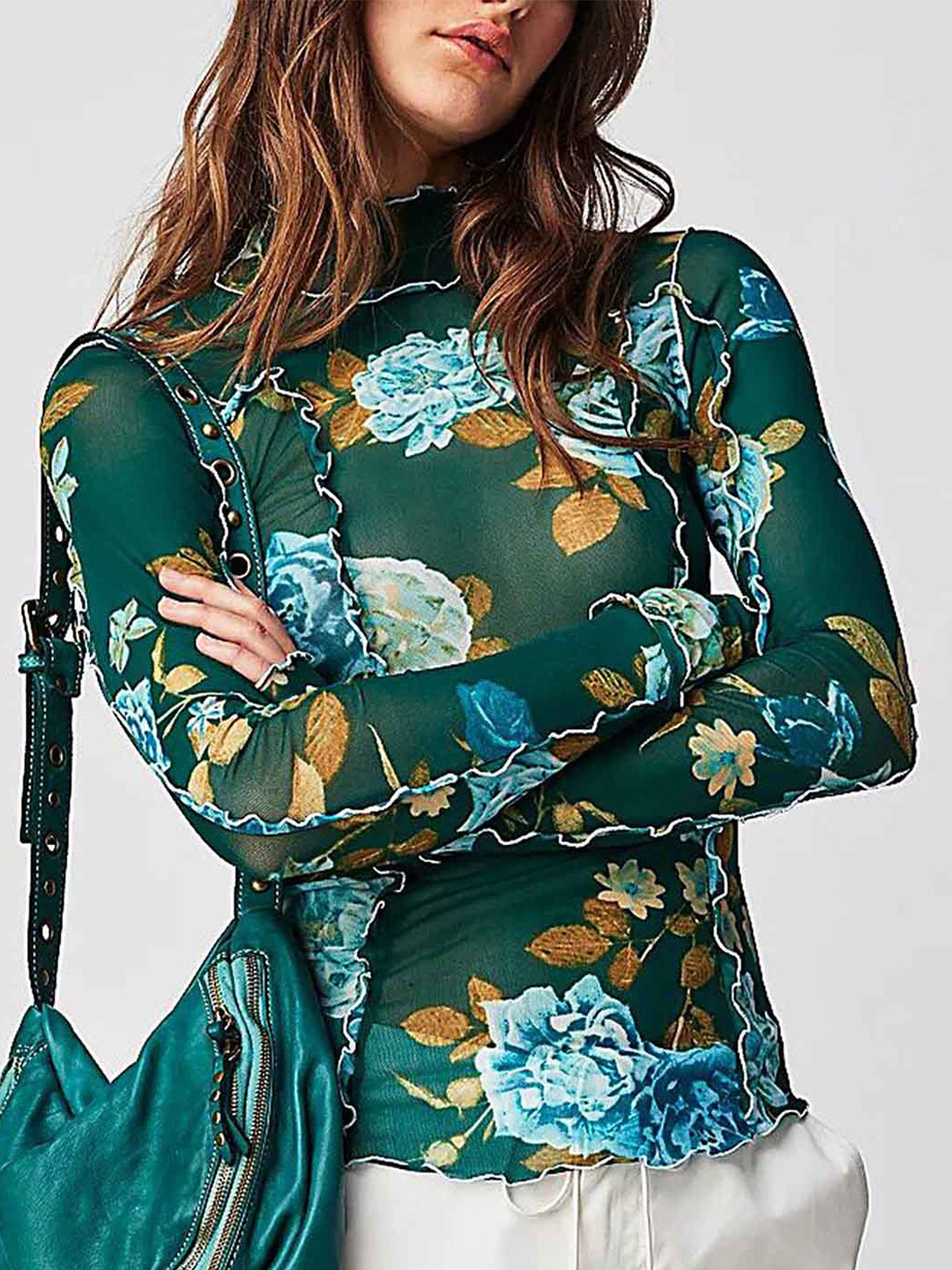 

LULU & SKY Floral Printed High Neck Long Sleeves Regular Top, Green