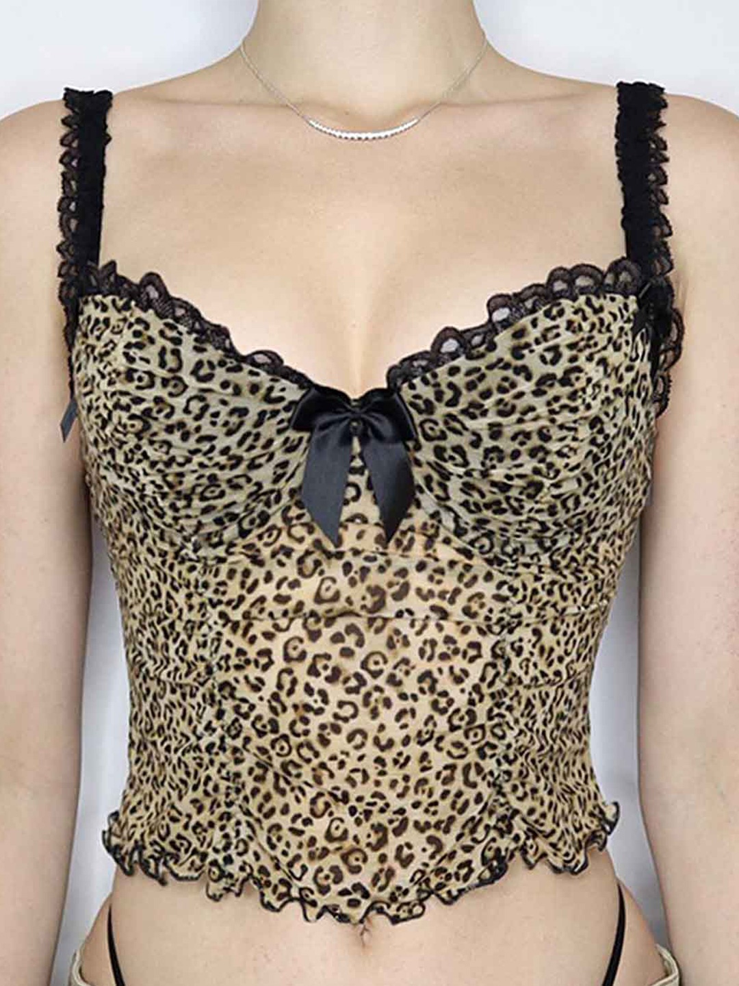 

LULU & SKY Animal Print Overlock Detail Slim Bralette Crop Top, Yellow