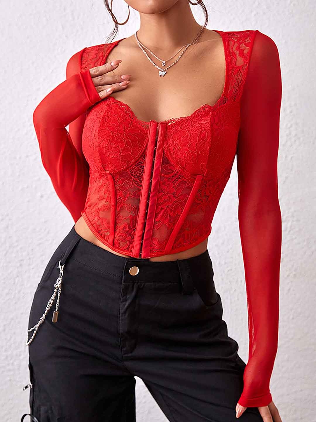 

LULU & SKY Scoop Neck Floral Embellished Long Sleeves Lace Corset, Red