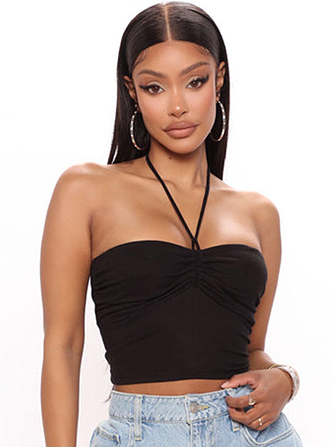 

LULU & SKY Halter Neck Fitted Crop Top, Black