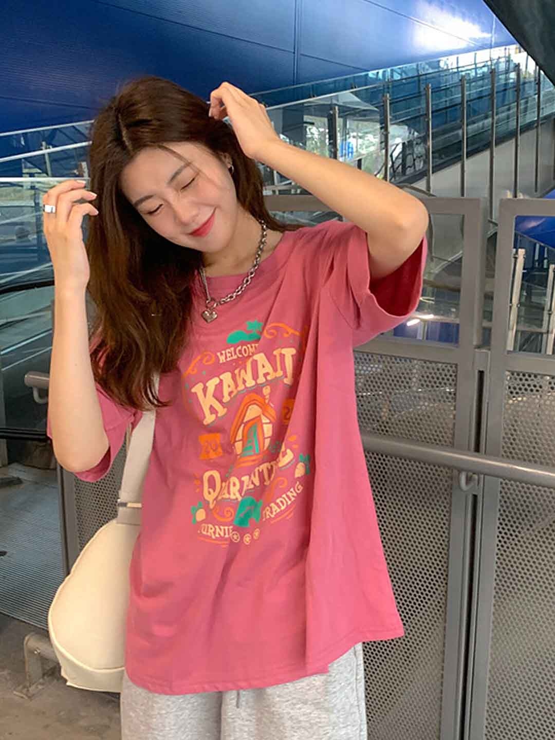 

LULU & SKY Printed Oversized Round Neck Cotton Regular Casual T shirt, Pink