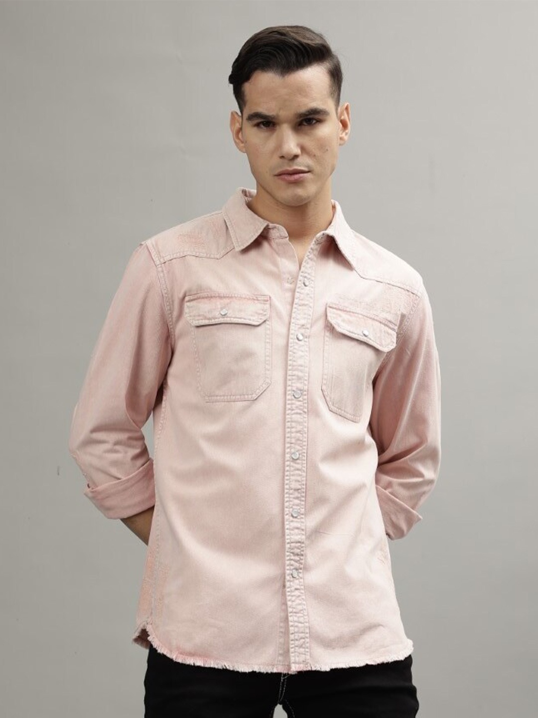 

True Religion Pink Opaque Spread Collar Long Sleeves Casual Shirt