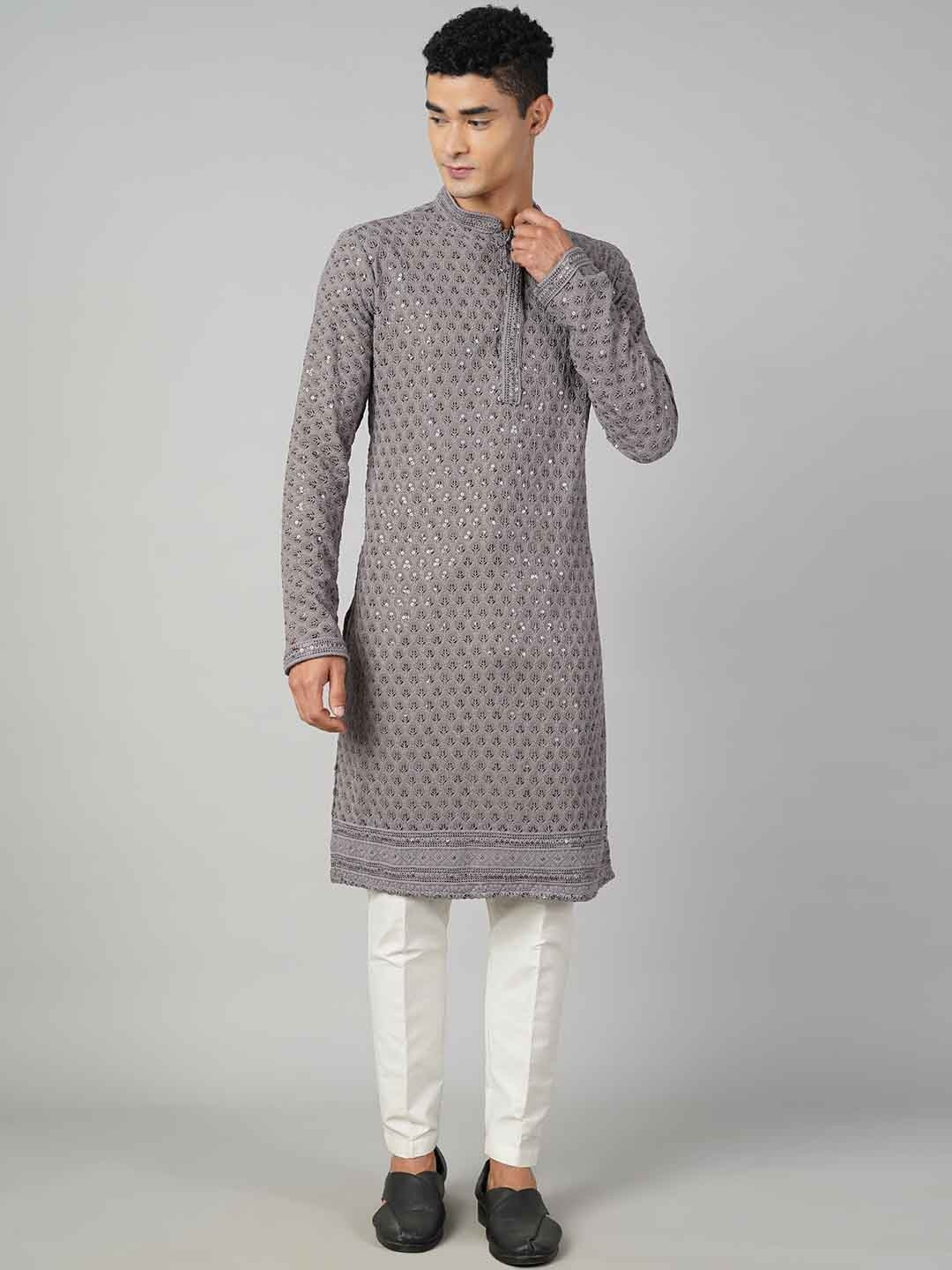 

Shiv Leela Geometric Thread Work Sequined Kurta, Grey