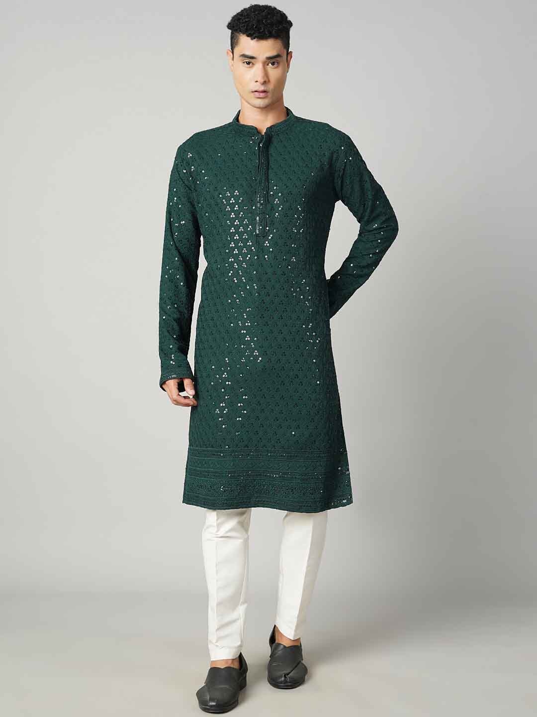 

Shiv Leela Geometric Thread Work Sequined Kurta, Green