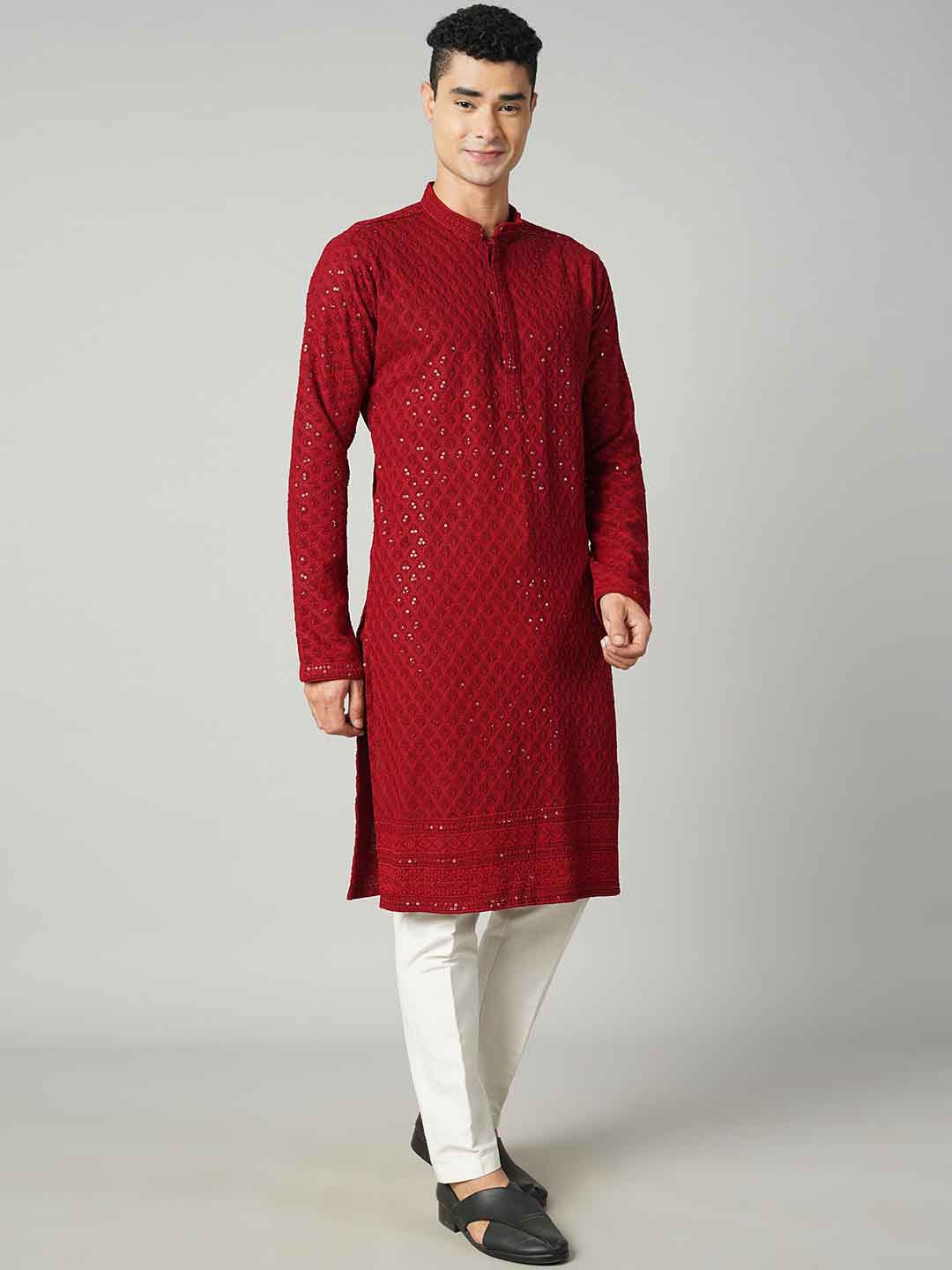 

Shiv Leela Floral Chikankari Embroidered Mandarin Collar Cotton Straight Kurta, Red