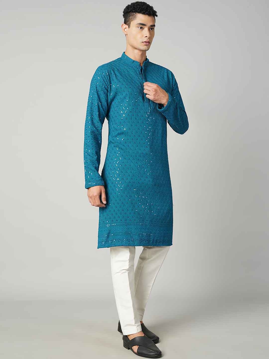 

Shiv Leela Floral Chikankari Embroidered Mandarin Collar Cotton Straight Kurta, Teal