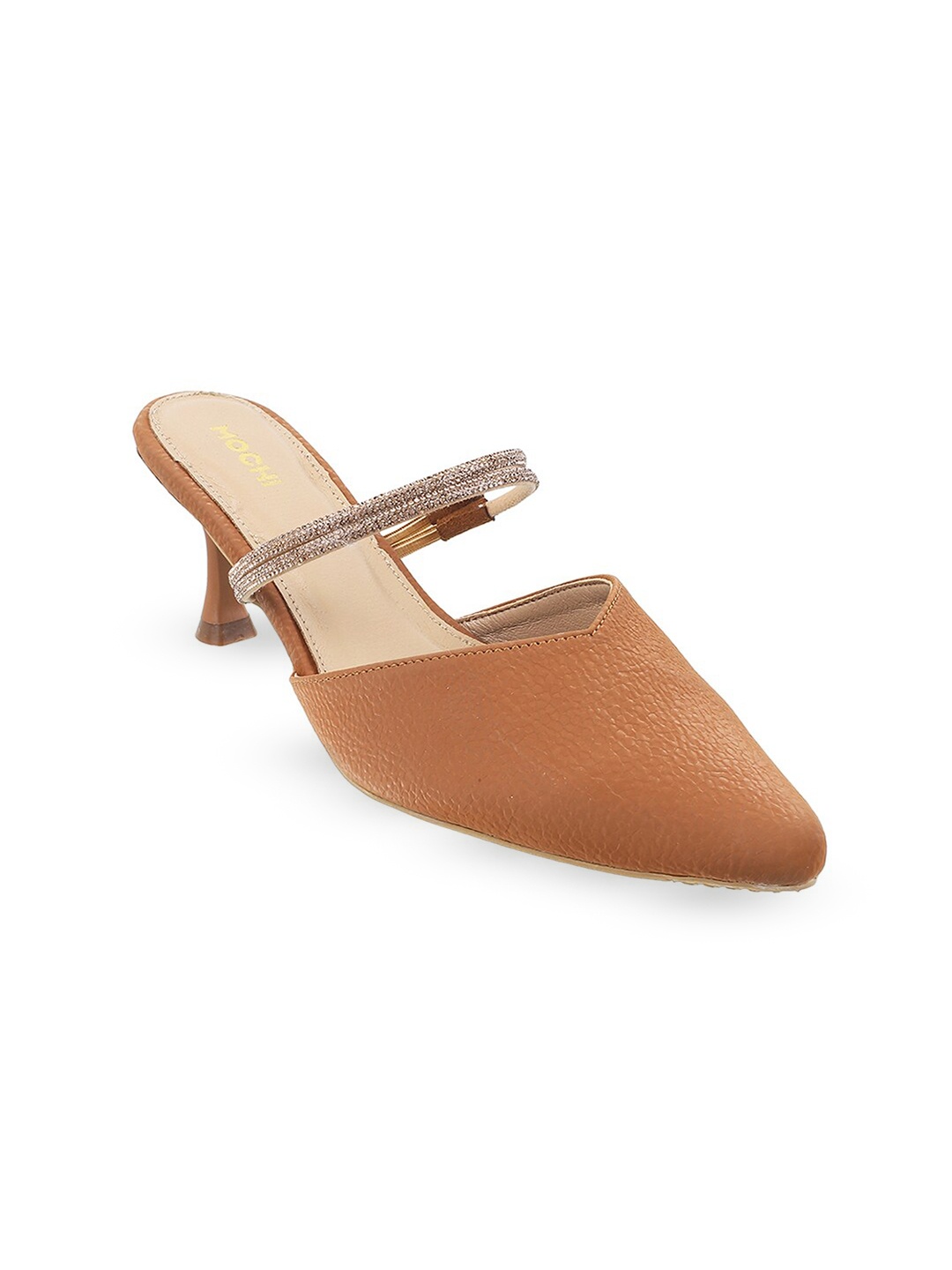 

Mochi Pointed Toe Kitten Mules, Tan