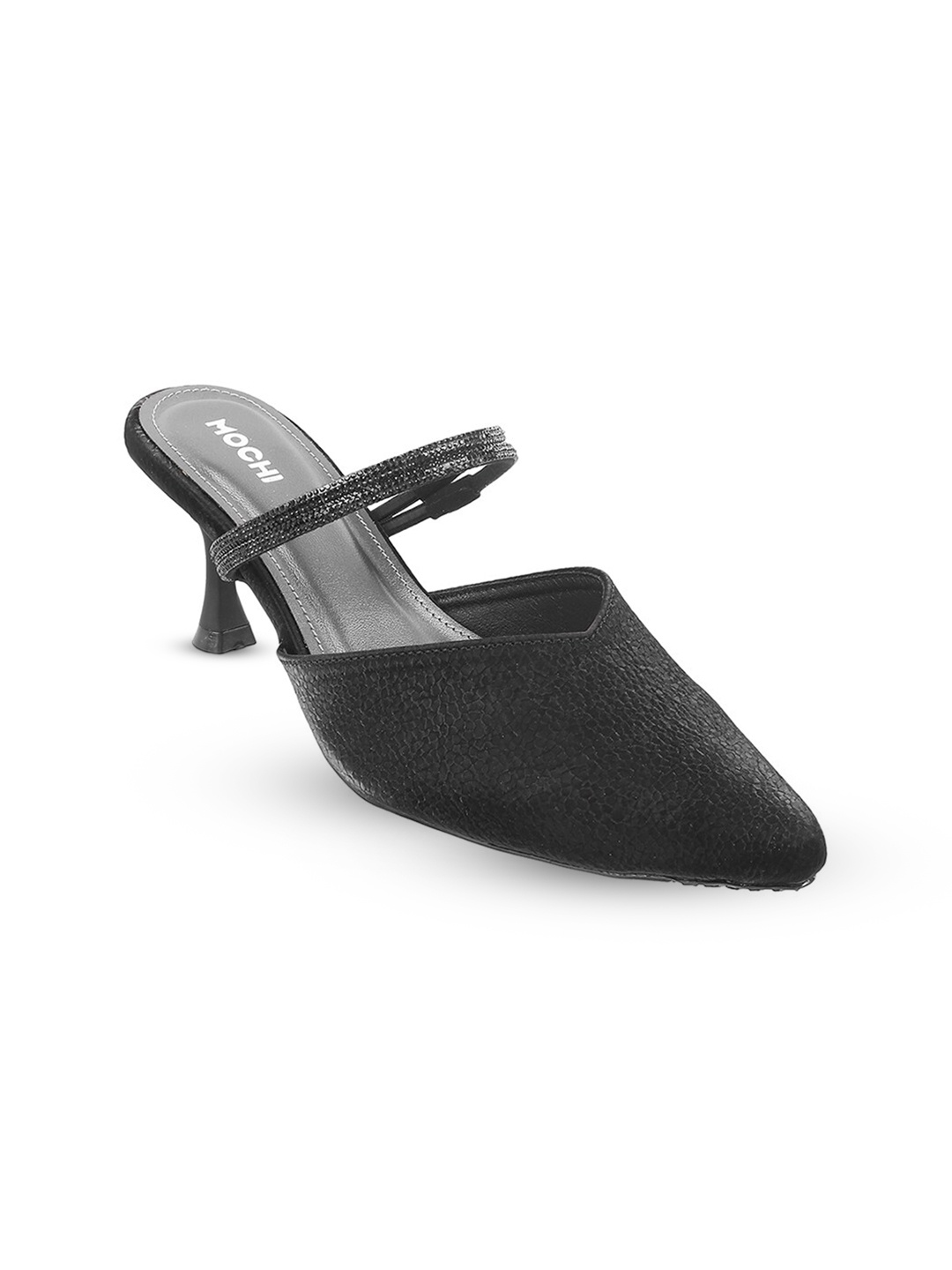 

Mochi Pointed Toe Kitten Heeled Mules, Black