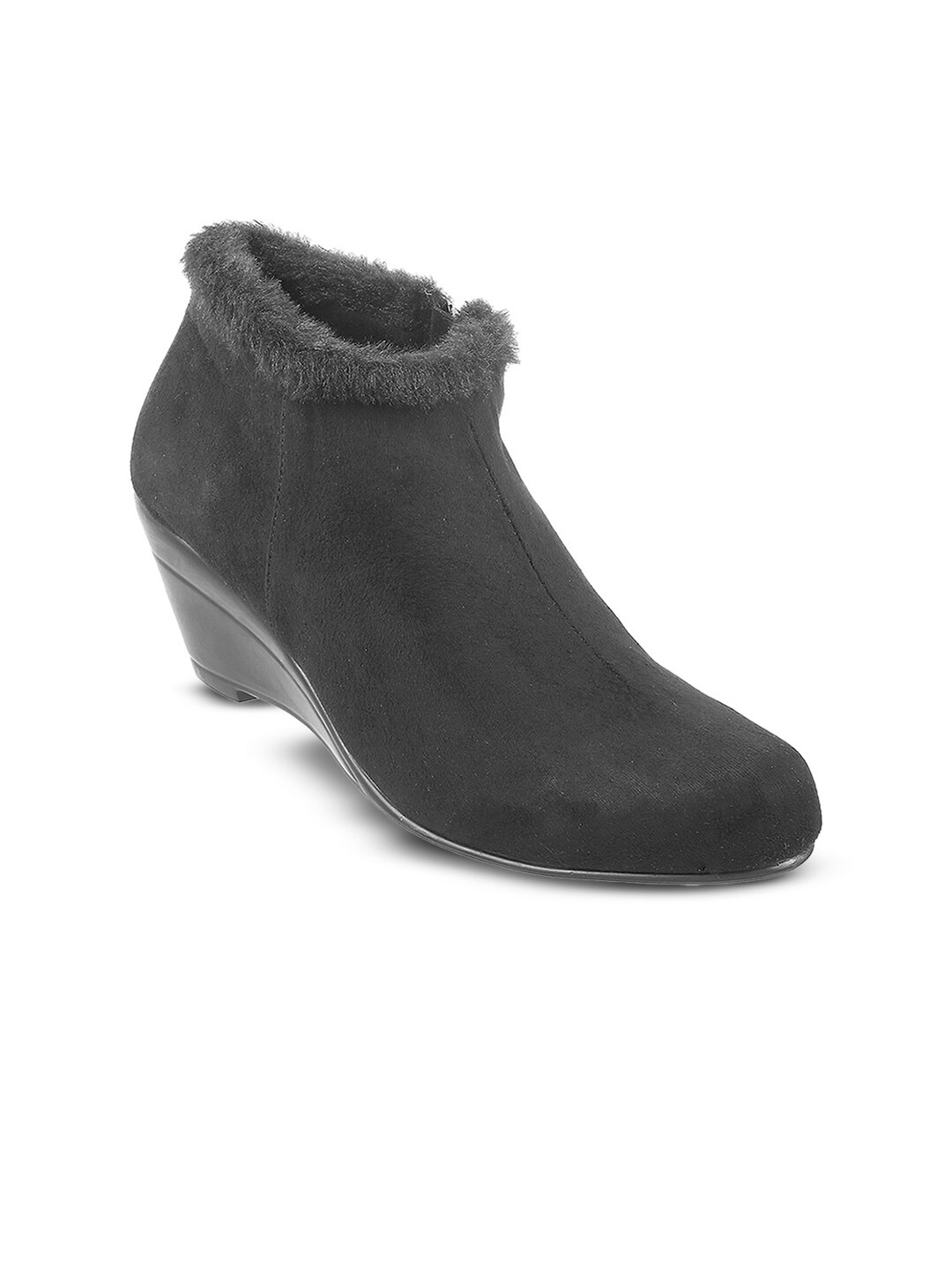 

Mochi Round Toe Wedge Heeled Mid-Top Boots With Faux Fur Trim detail, Black