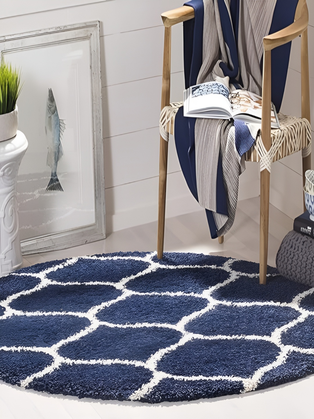 

Shopgallery Off White & Blue Geometric Anti Skid Shaggy Carpet