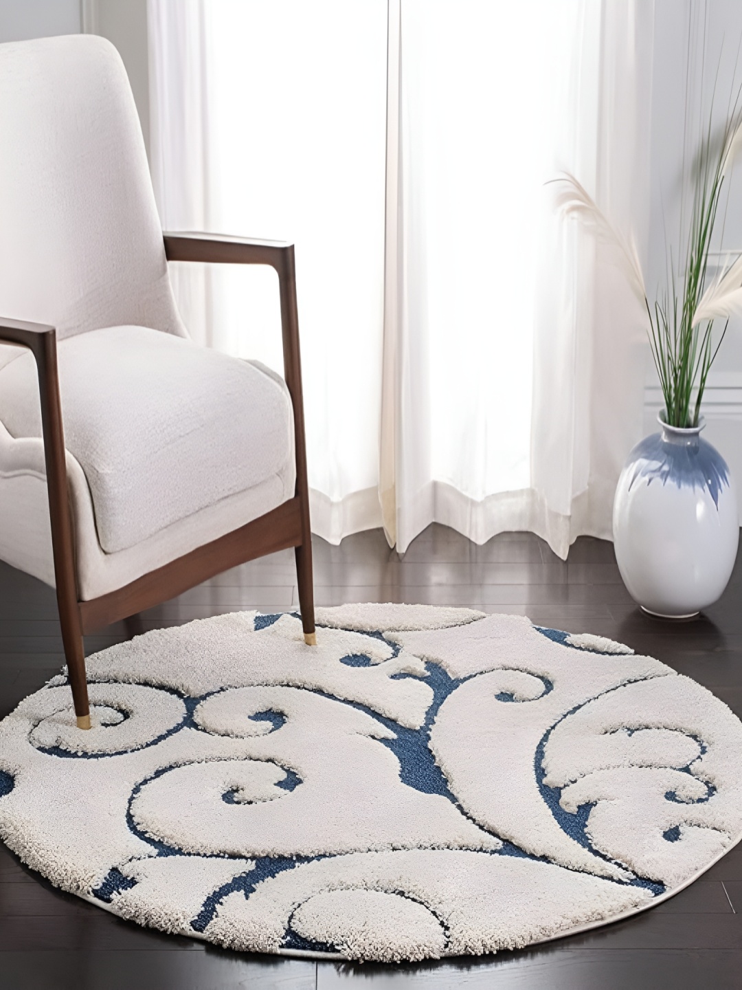 Shopgallery Teal Blue & White Floral Anti-Skid Shaggy Carpet