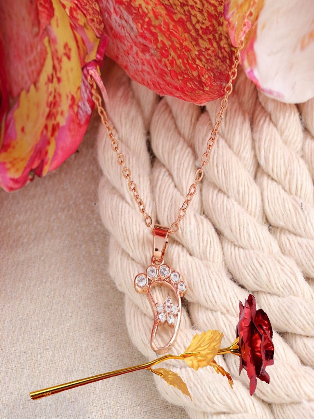 

UNIVERSITY TRENDZ Rose Gold-Plated Baby Foot Pendant Chain & Red Rose Combo Set