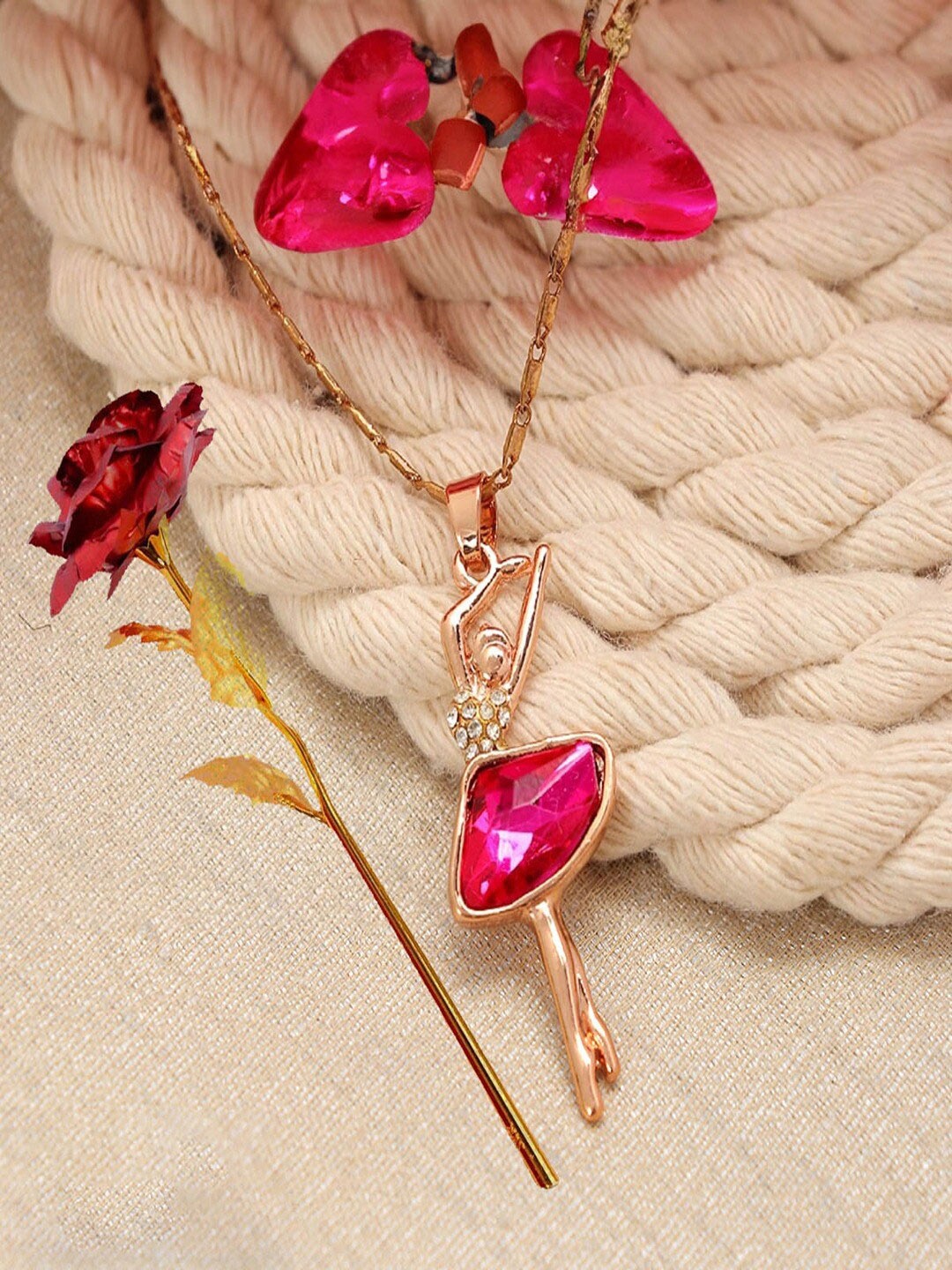 

UNIVERSITY TRENDZ Rose-Gold-Plated Dancing Doll Pendant Chain & Red Rose Combo Set