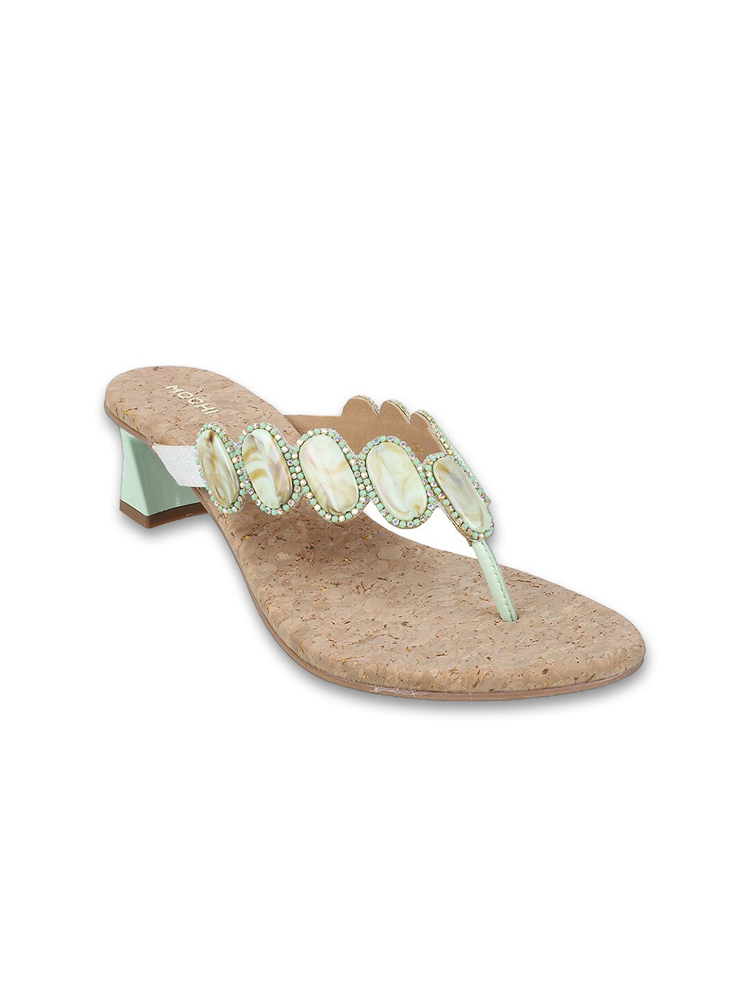 

Mochi Embellished Open Toe Block Heels, Green