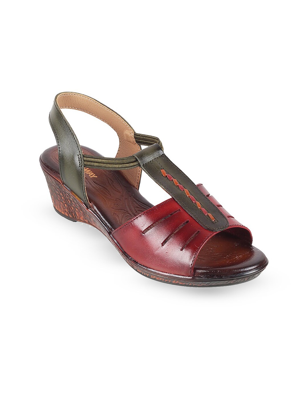 

WALKWAY by Metro Textured Leather Open Toe Wedge Heels, Maroon