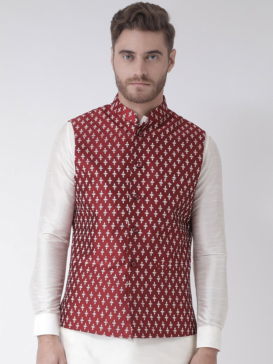 

DEYANN Ethnic Motifs Printed Mandarin Collar Nehru Jacket With Pocket Square, Red