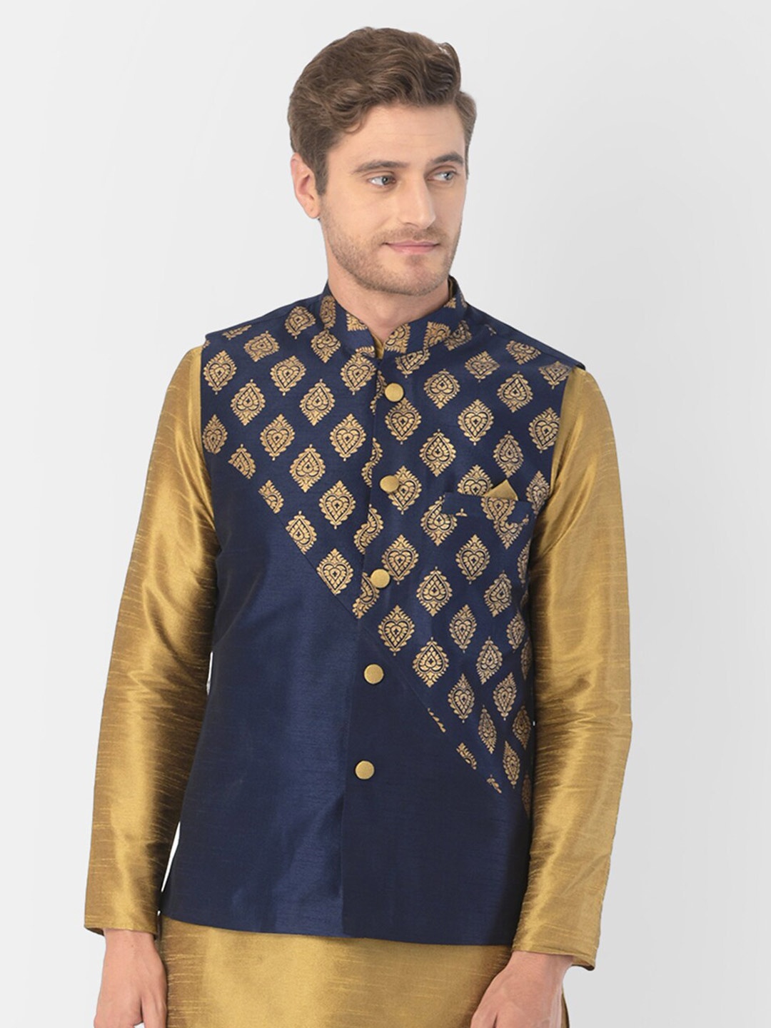 

DEYANN Ethnic Motifs Printed Woven Nehru Jacket With Pocket Square, Navy blue