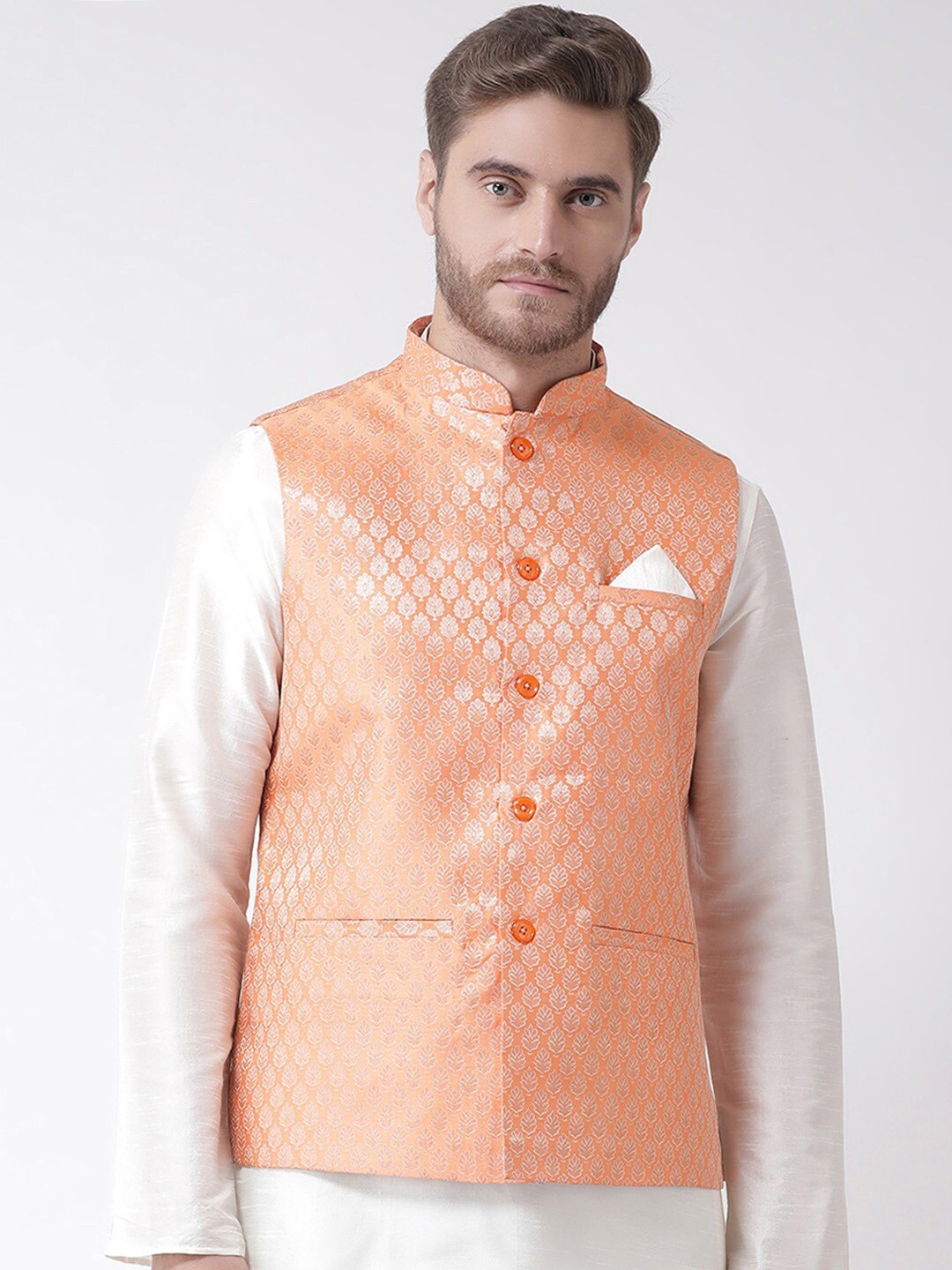

DEYANN Woven Design Nehru Jacket, Orange