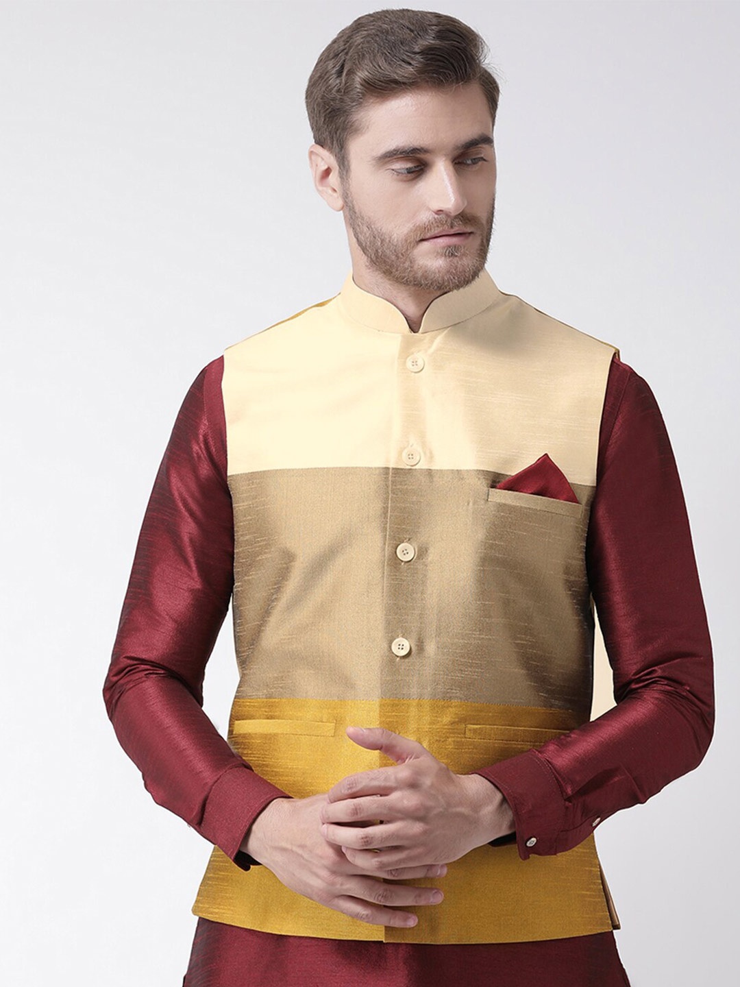 

DEYANN Colourblocked Woven Design Nehru Jacket, Mustard