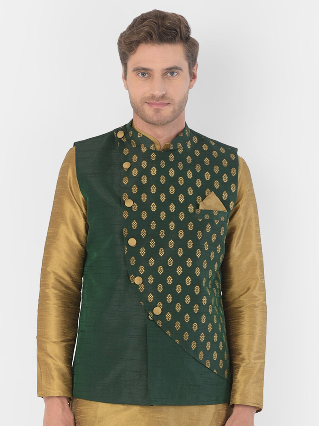 

DEYANN Woven Design Nehru Jacket, Green