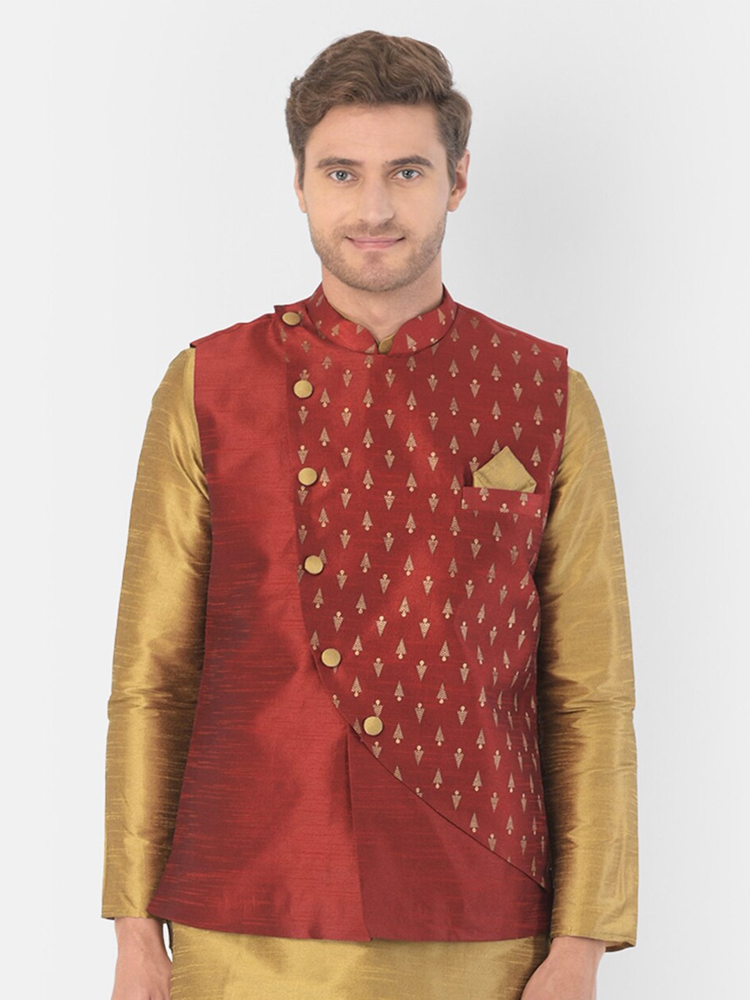 

DEYANN Ethnic Motifs Printed Woven Nehru Jacket With Pocket Square, Red