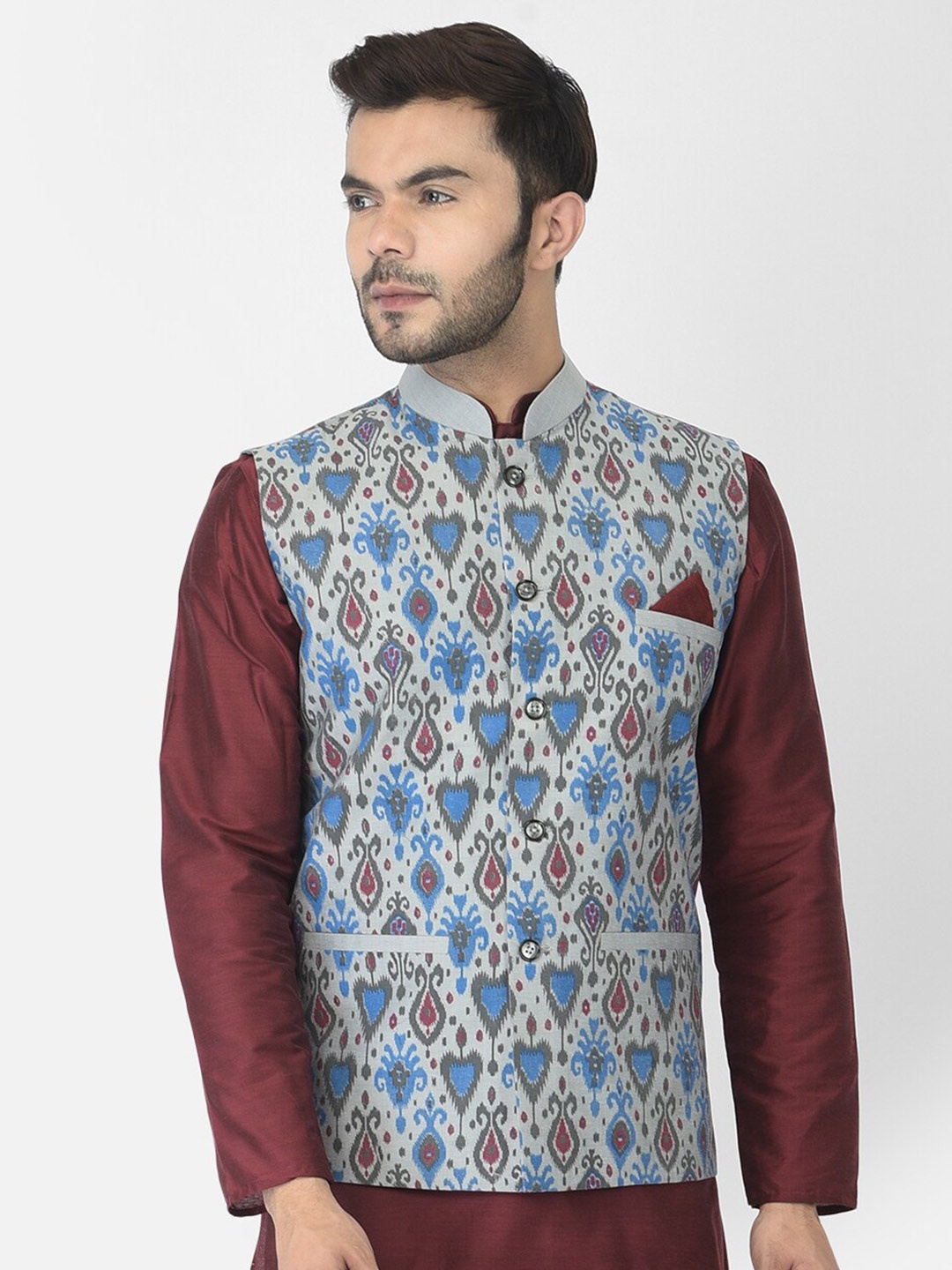 

DEYANN Printed Woven Nehru Jacket, Silver