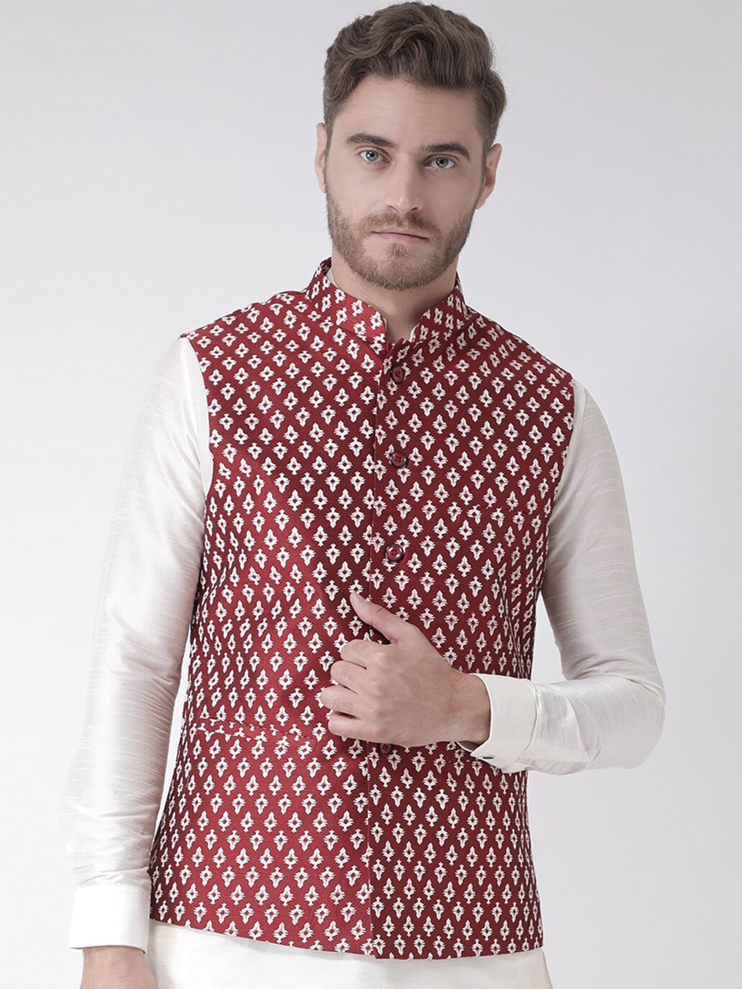 

DEYANN Printed Woven Nehru Jacket, Red