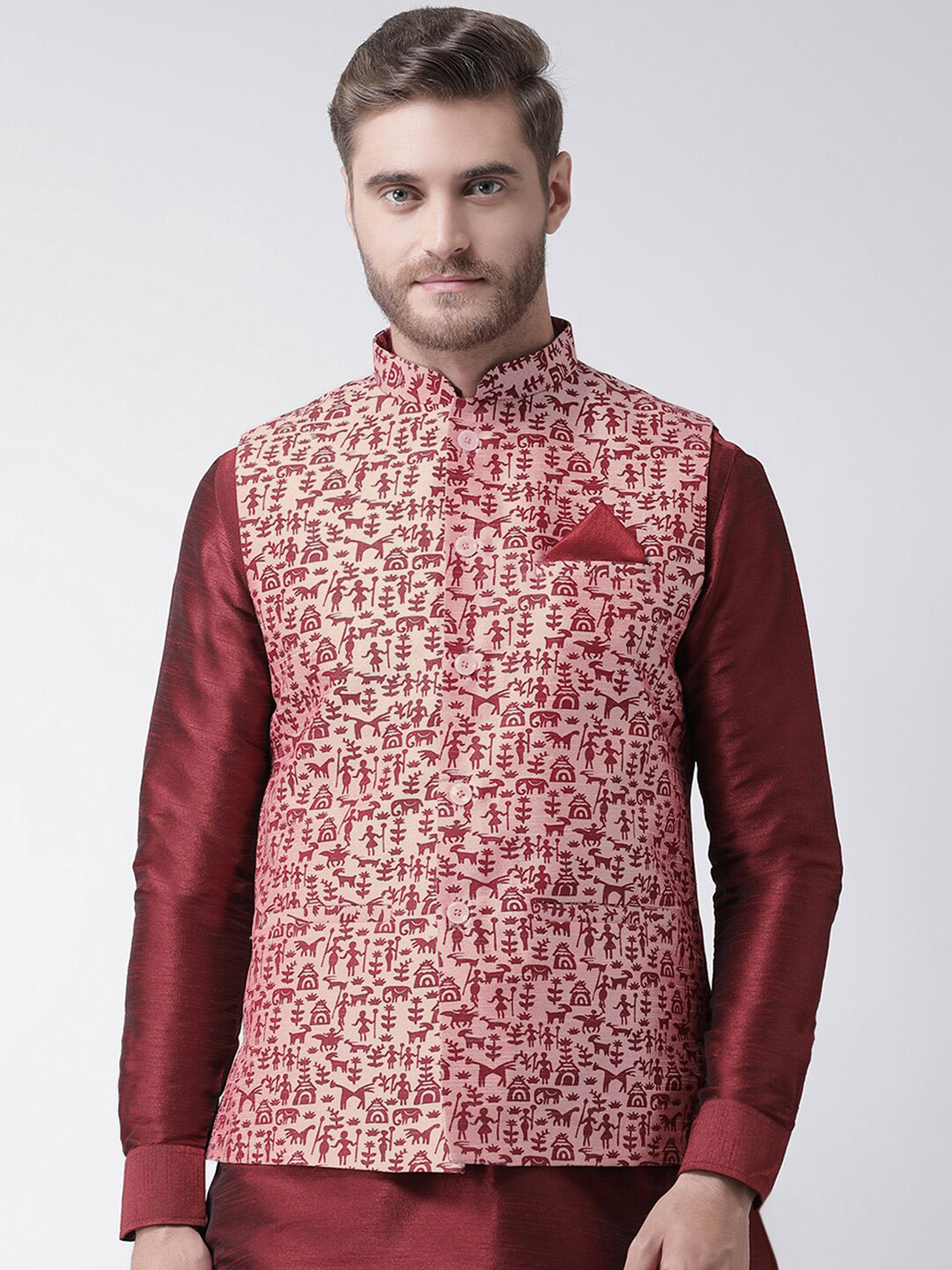 

DEYANN Printed Woven Nehru Jacket, Pink