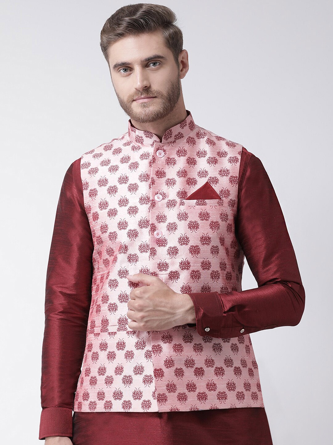 

DEYANN Ethnic Motifs Printed Woven Nehru Jacket, Pink