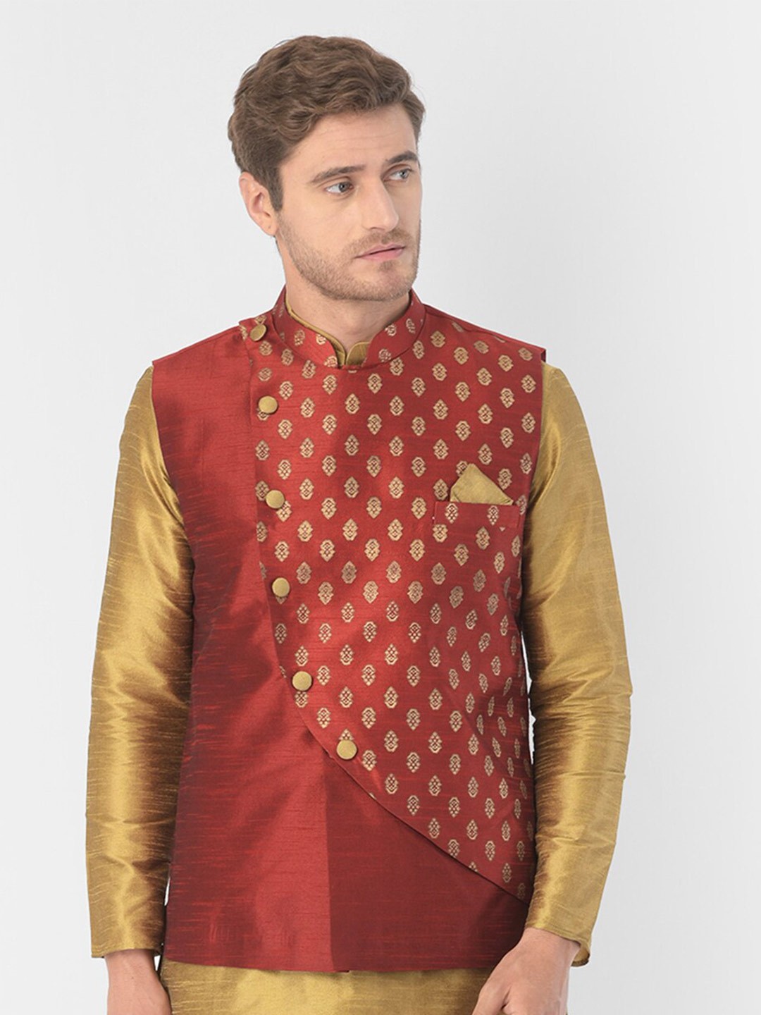 

DEYANN Ethnic Motifs Printed Woven Nehru Jacket, Red