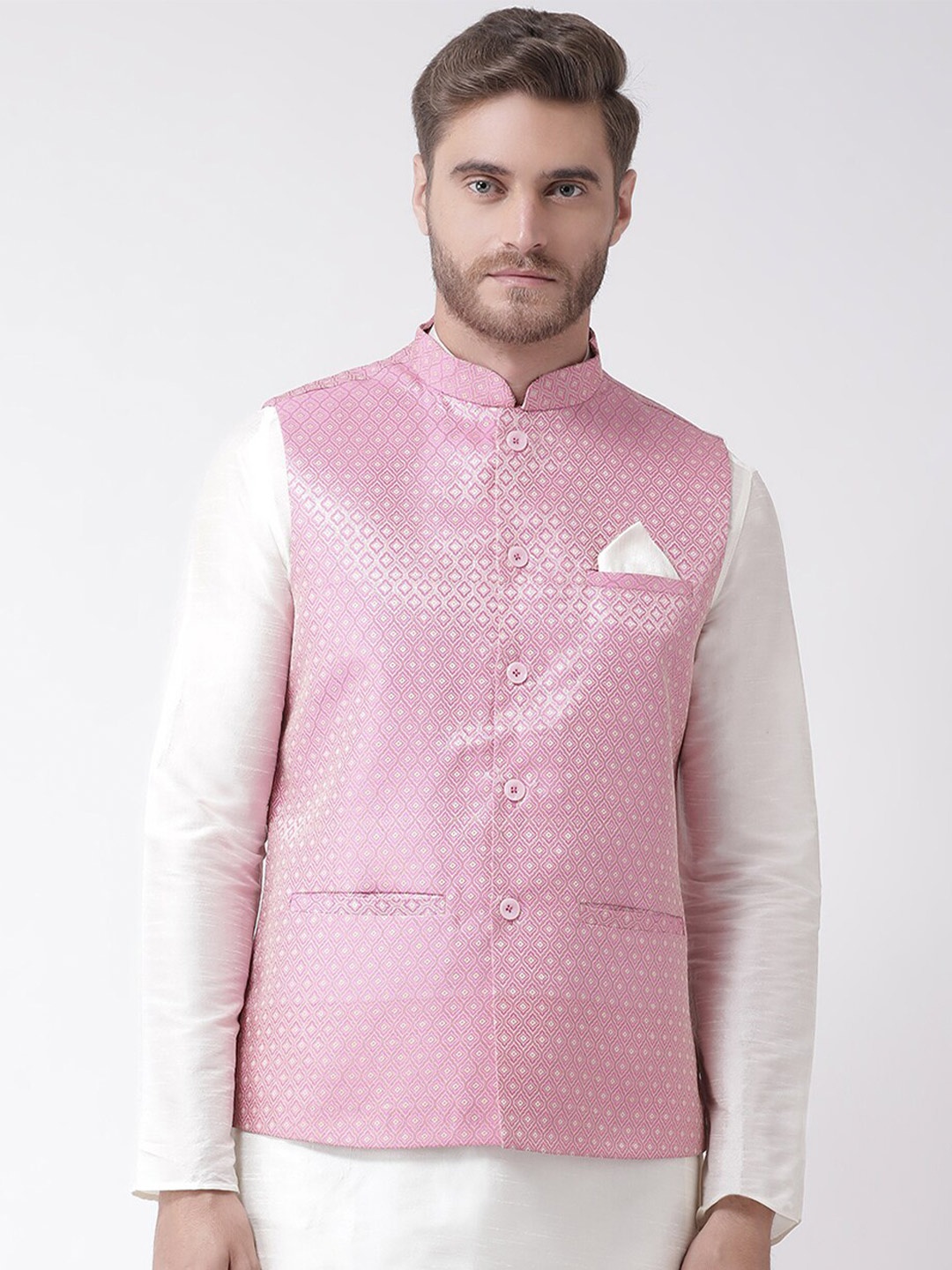 

DEYANN Woven Design Mandarin Collar Nehru Jacket, Pink