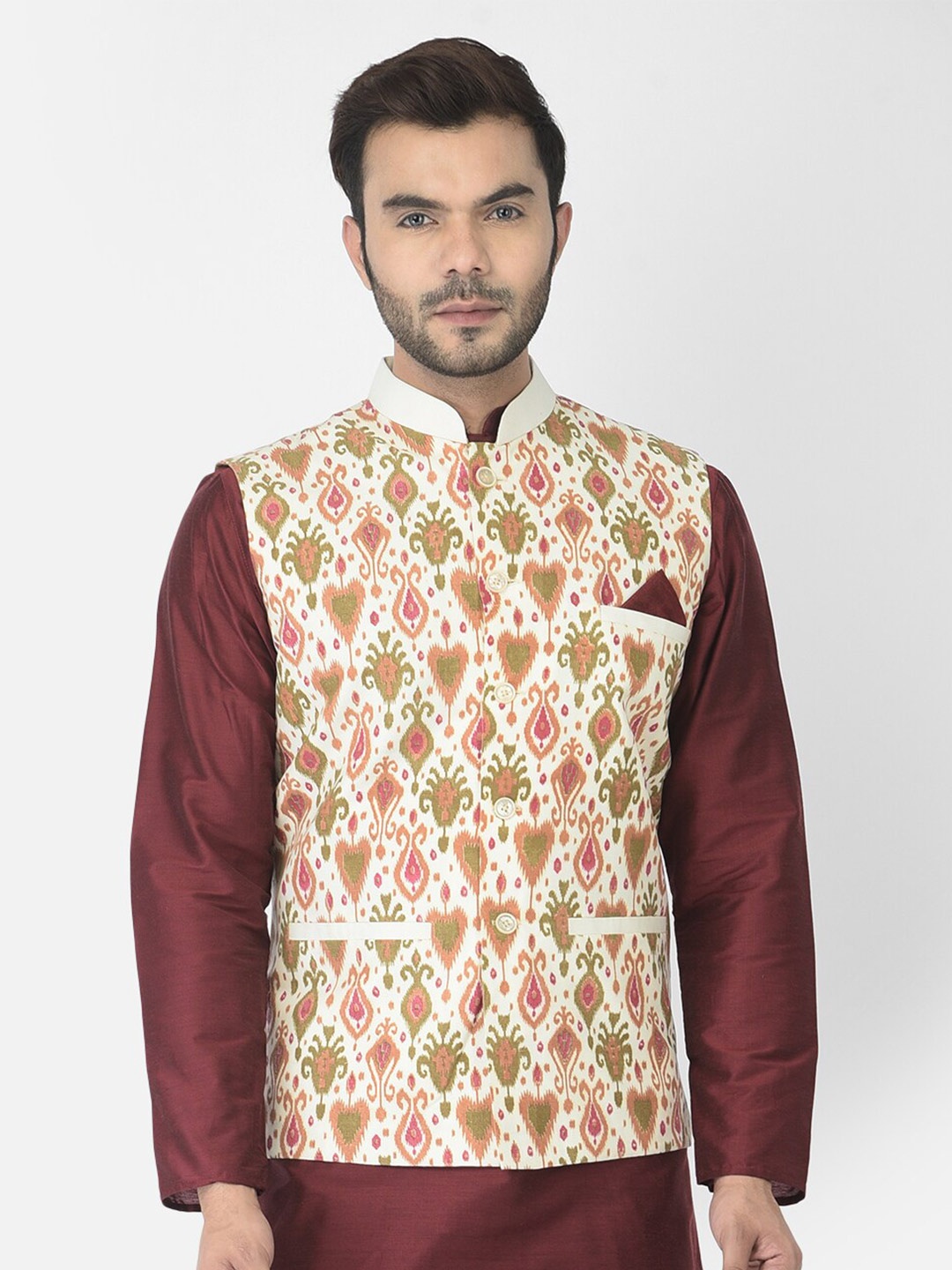 

DEYANN Ethnic Motifs Printed Mandarin Collar Nehru Jacket With Pocket Square, Off white