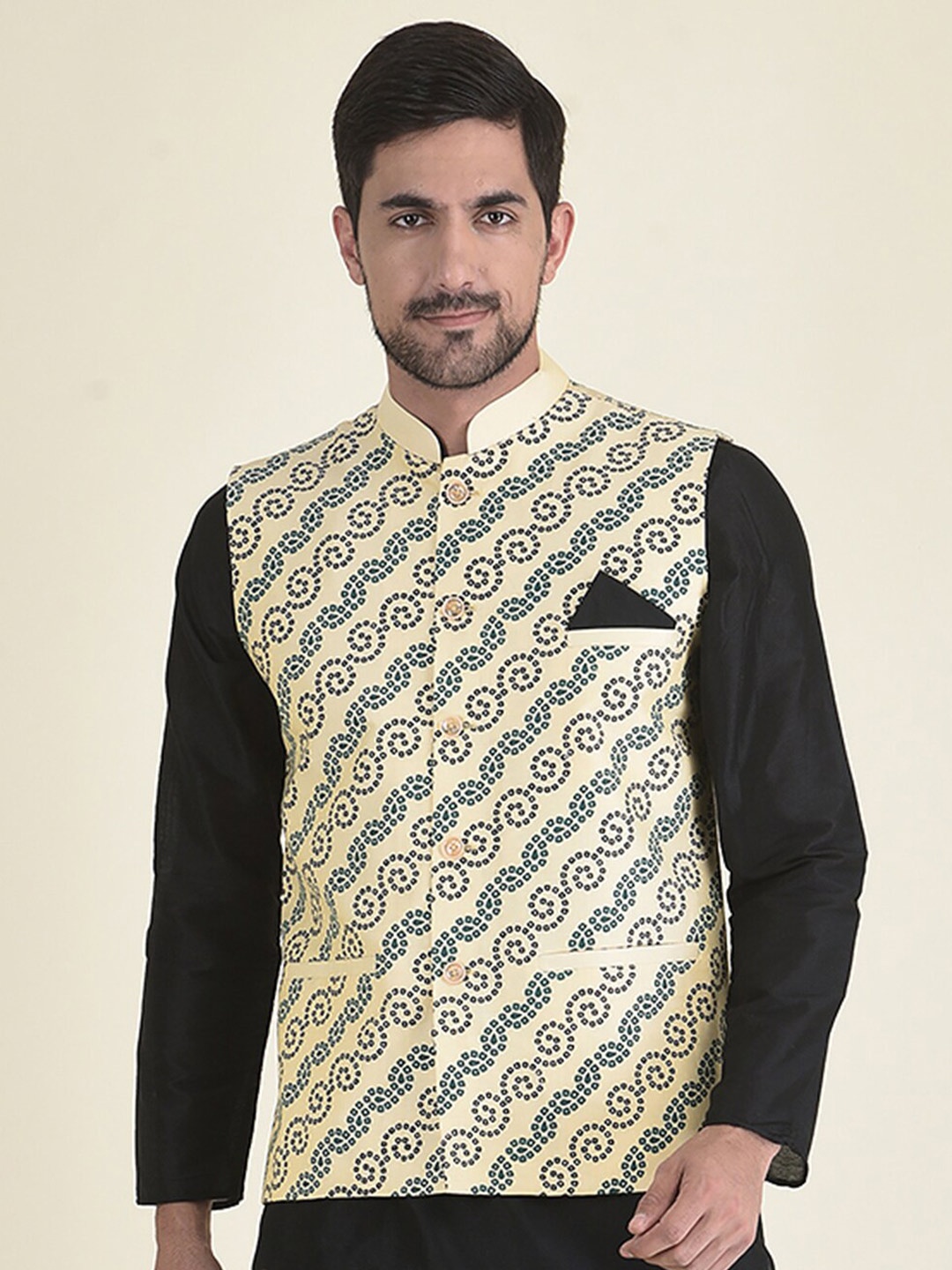 

DEYANN Printed Woven Nehru Jacket, Cream