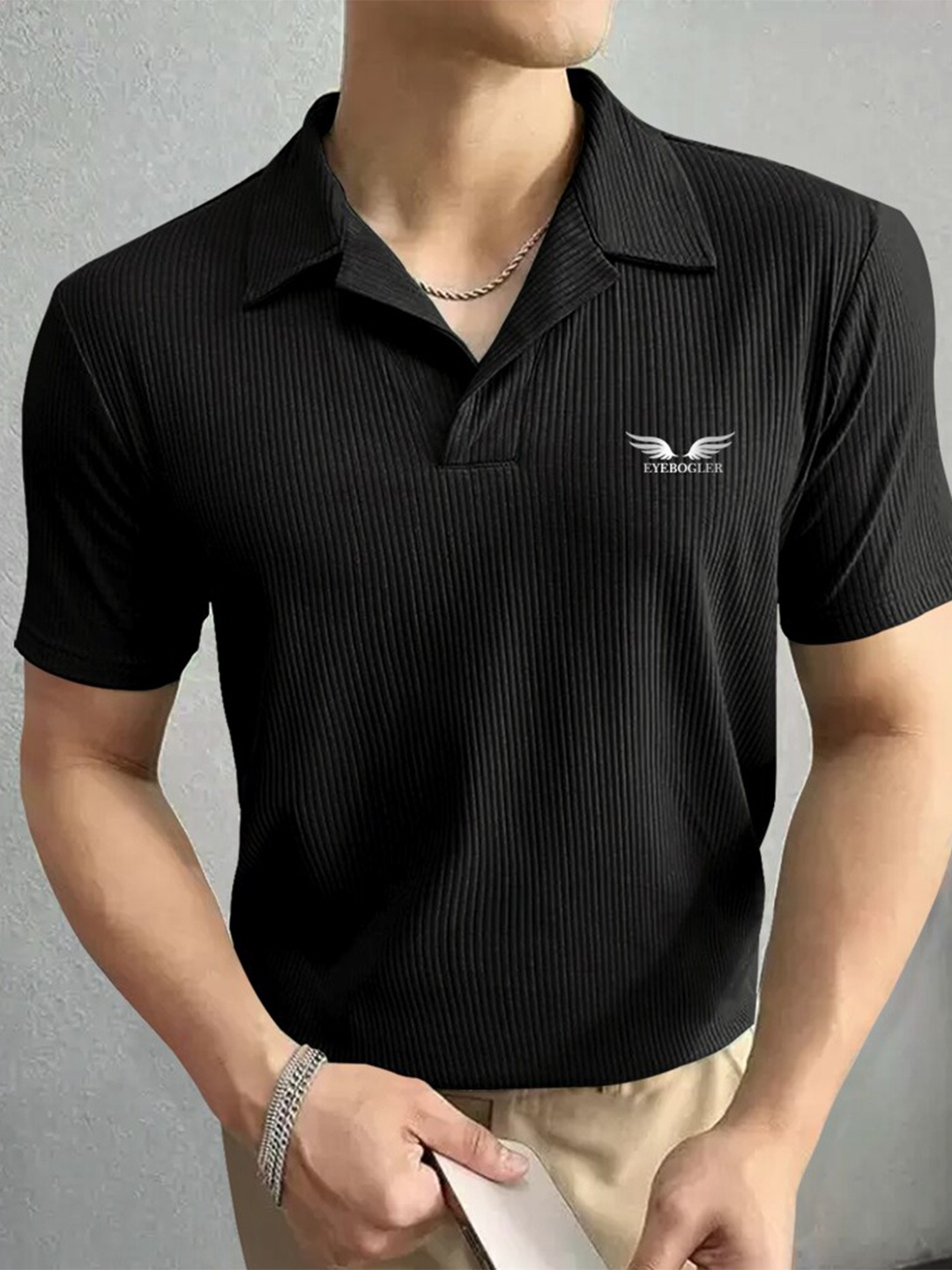 

Eyebogler Self Design Polo Neck T-shirt, Black