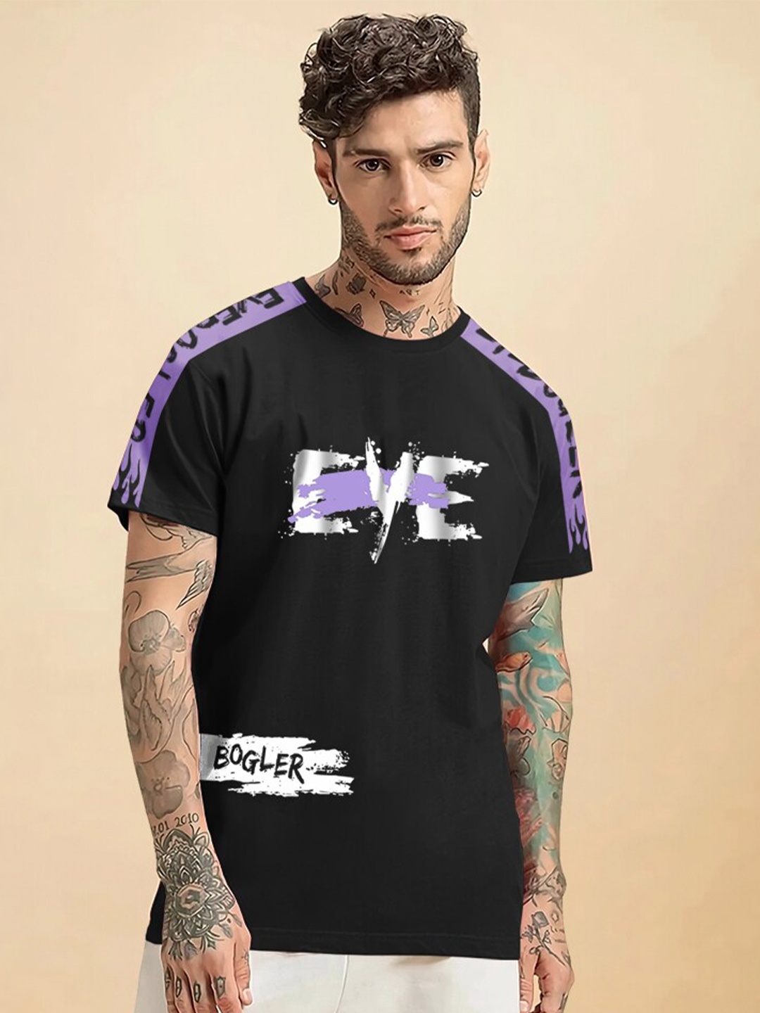 

Eyebogler Graphic Printed Round Neck Extended Sleeves Cotton T-Shirt, Black