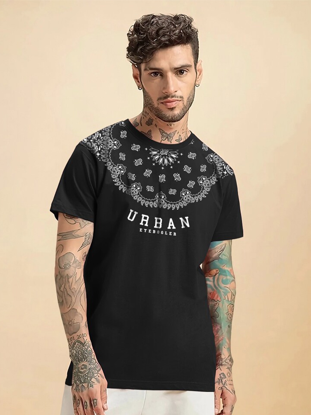Eyebogler Graphic Printed Round Neck Half Sleeves Cotton T-Shirt, Black