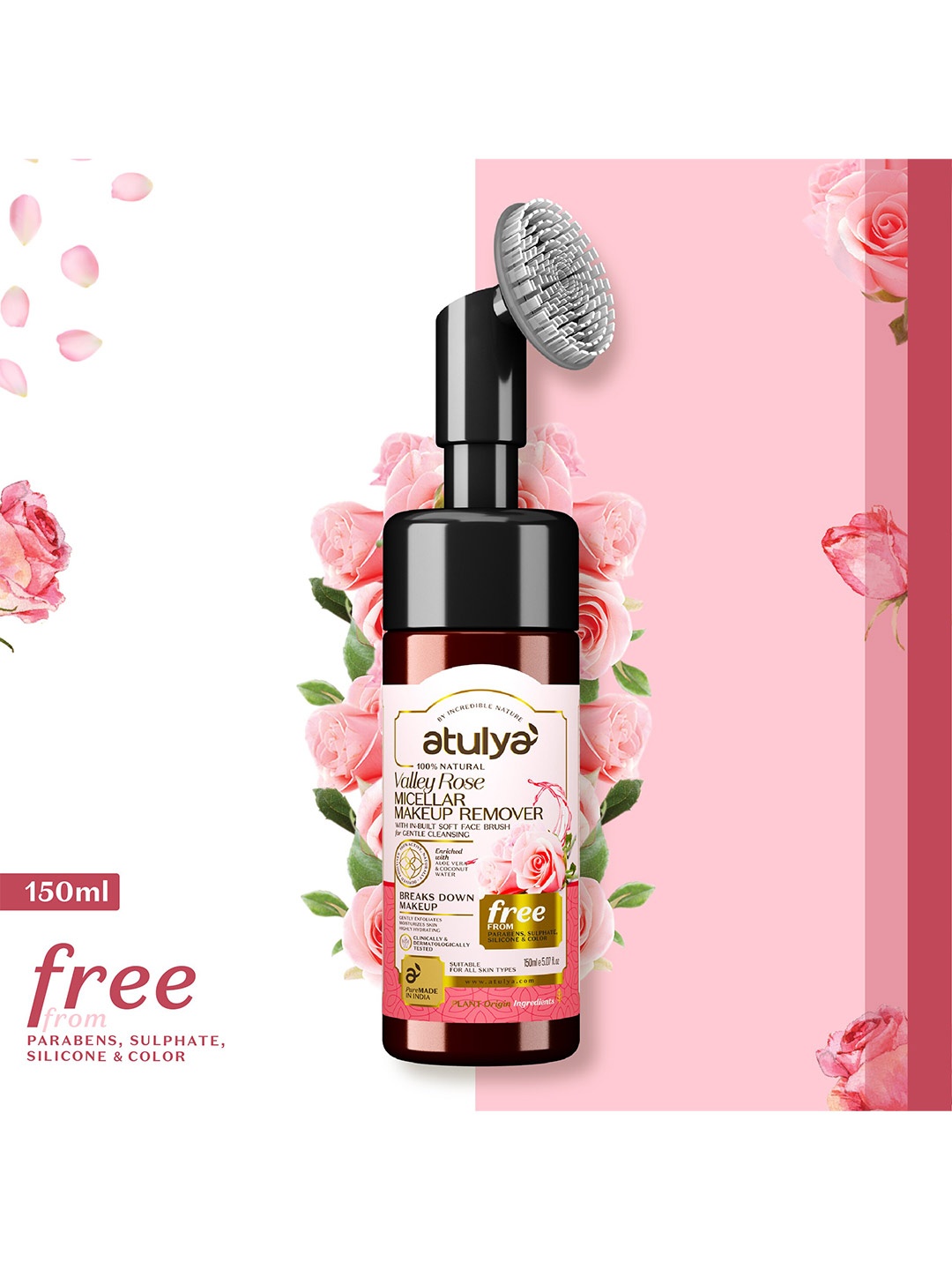 

Atulya Valley Rose Micellar Makeup Remover With Foaming Brush - 150ml, Pink
