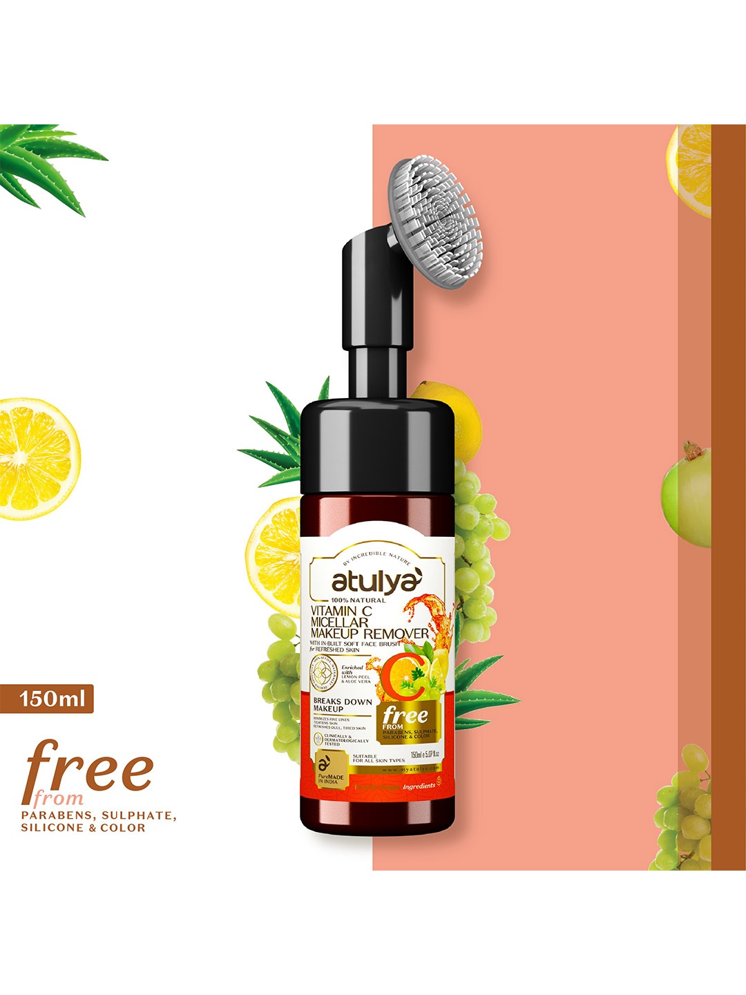 

Atulya Valley Vitamin C Micellar Makeup Remover With Foaming Brush - 150ml, Orange