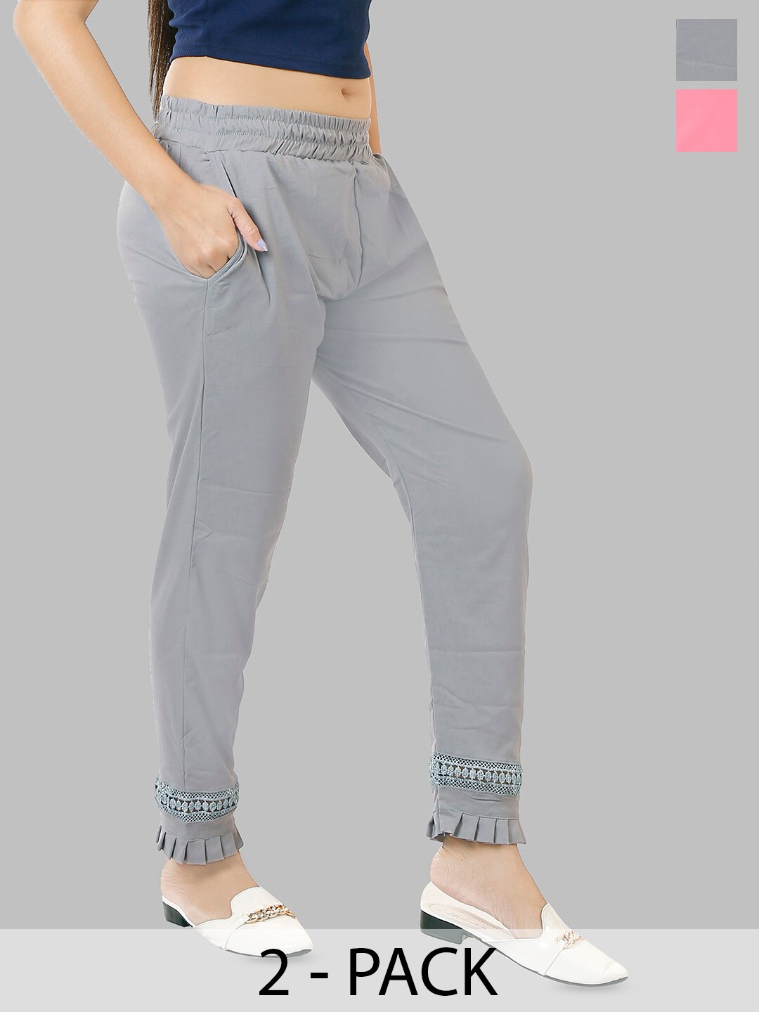 

BAESD Women Pack Of 2 Pencil Mid-Rise Slim Fit Joggers Trousers, Grey