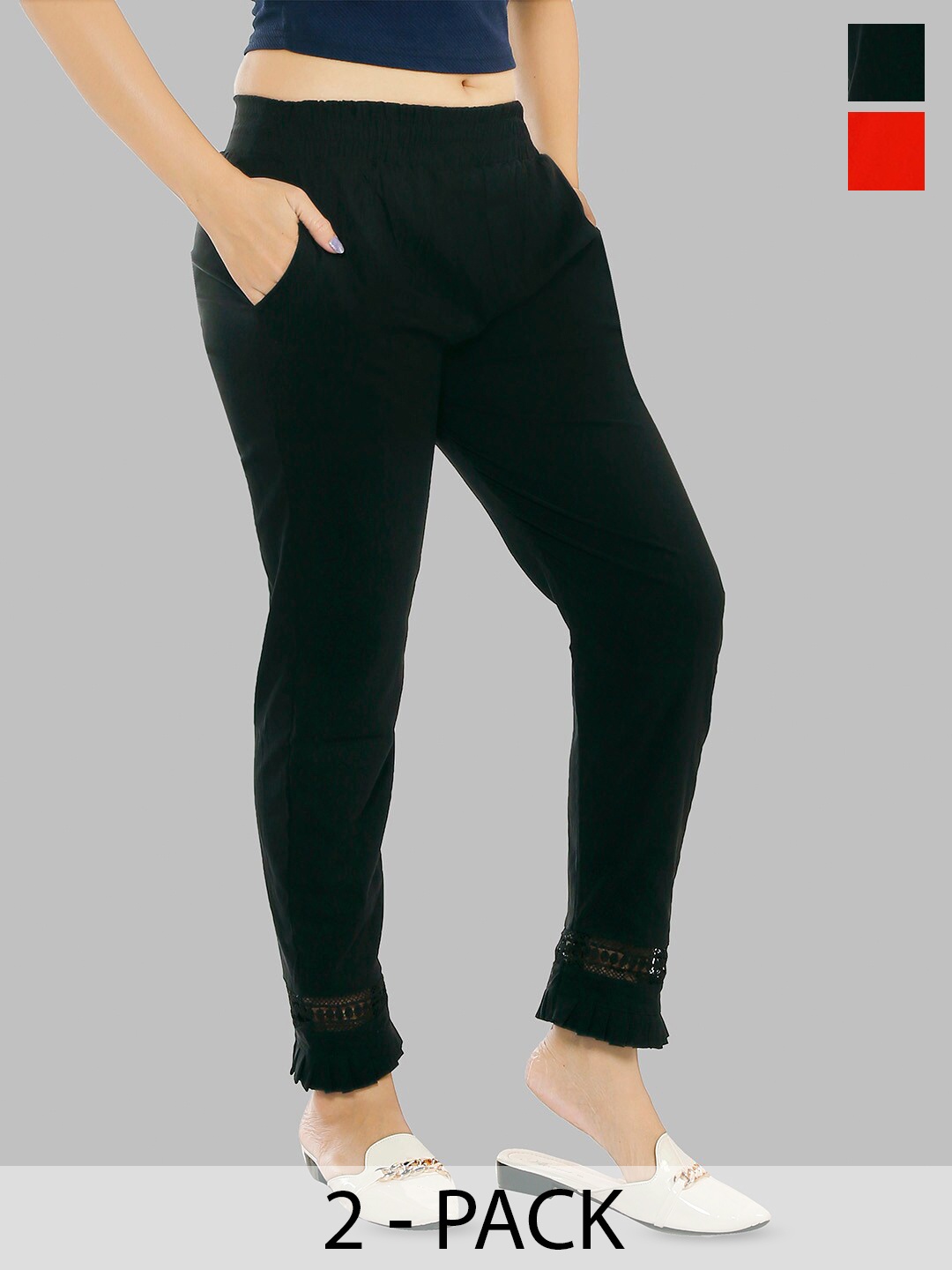 

BAESD Women Pack Of 2 Pencil Mid-Rise Slim Fit Trousers, Black