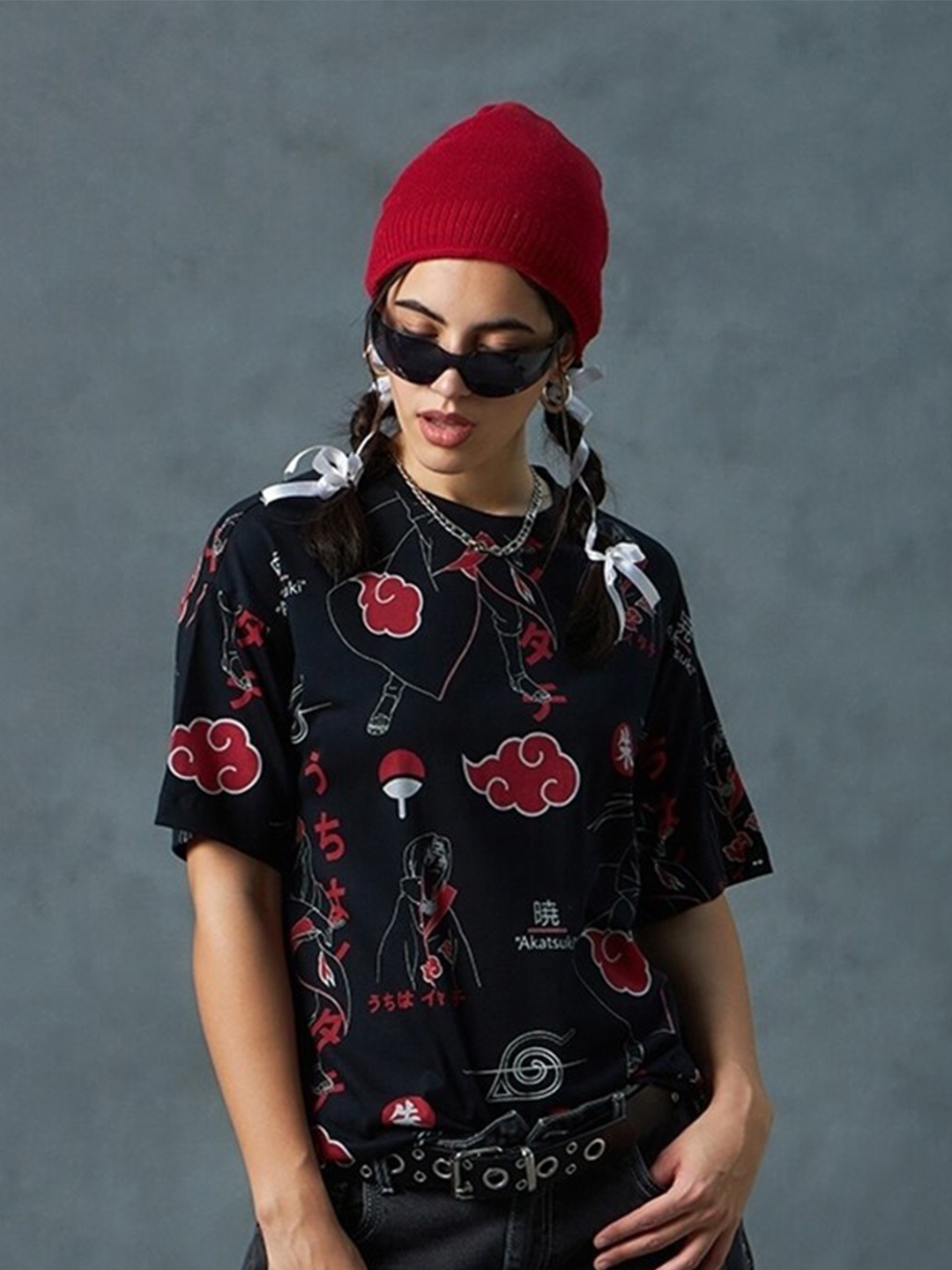 

Bewakoof Naruto All Over Printed Drop-Shoulder Sleeves Oversized Pure Cotton T-shirt, Black