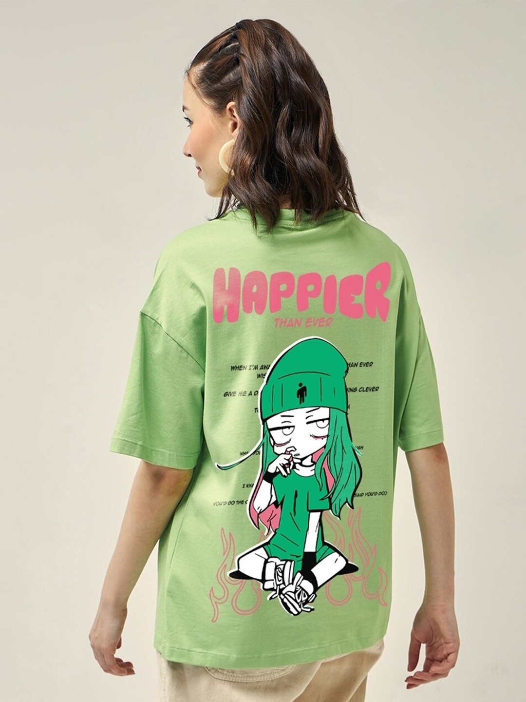 

Bewakoof Happier Graphic Printed Drop-Shoulder Sleeves Oversized Cotton T-shirt, Green