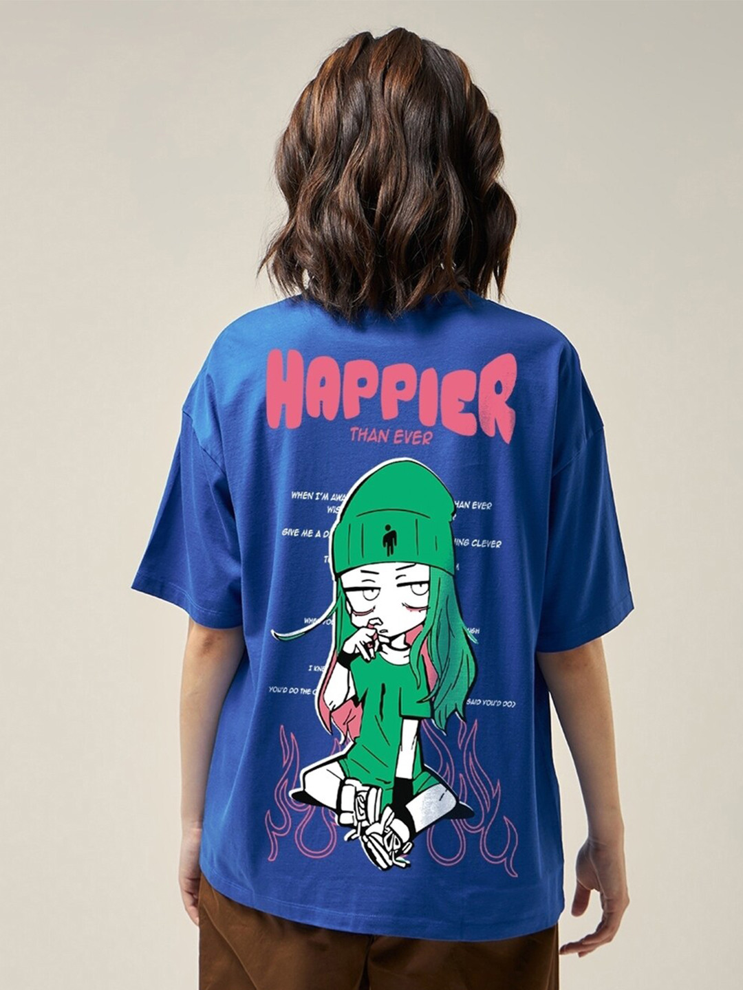 

Bewakoof Happier Graphic Printed Drop-Shoulder Sleeves Oversized Cotton T-shirt, Blue