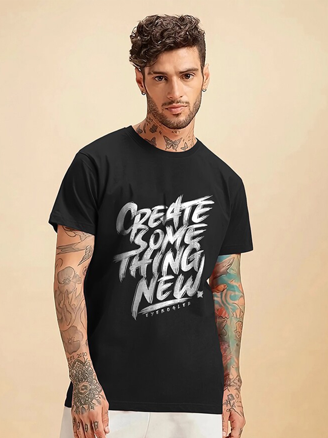 

Eyebogler Typography Printed Round Neck Short Sleeves T-shirt, Black