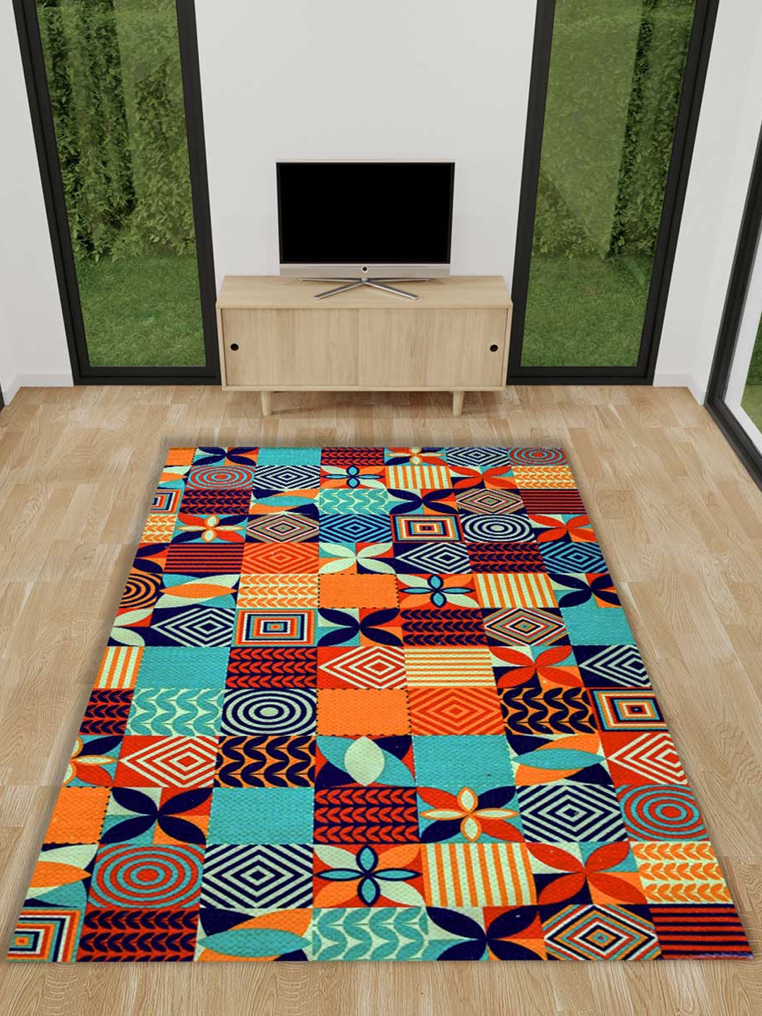

RANGOLI Blue & Orange Floral Anti Skid Carpet