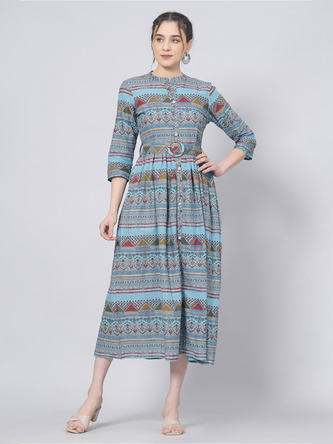 

PREKSHA Tribal Printed Mandarin Collar Cotton A-line Dress With Belt, Blue