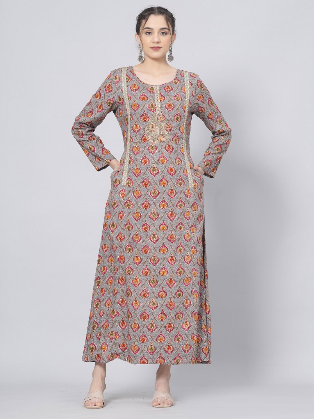 

PREKSHA Ethnic Motifs Printed Thread Work A-line Kurta, Grey